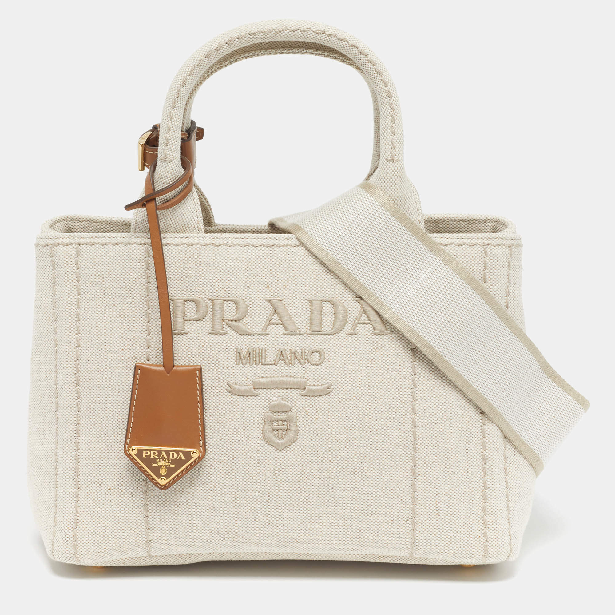 Pre Owned Prada Jardinière Small Beige/Natural Canvas Tote