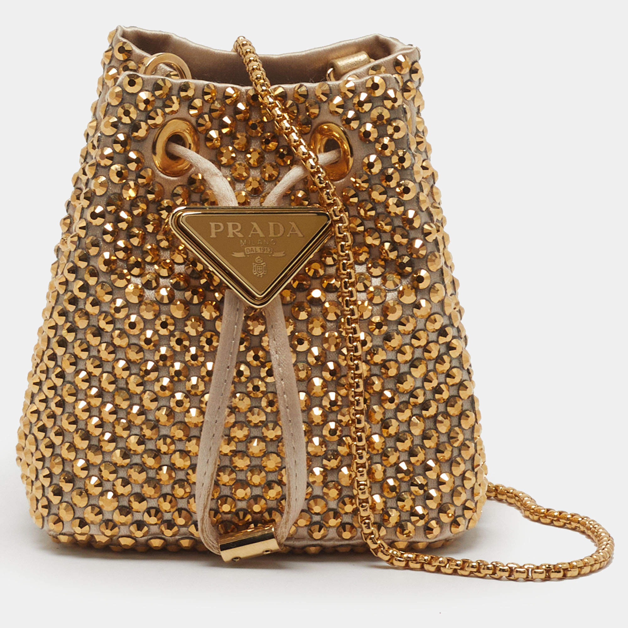 Pre Owned Prada Crystal Embellished Mini Gold Satin Bucket Bag