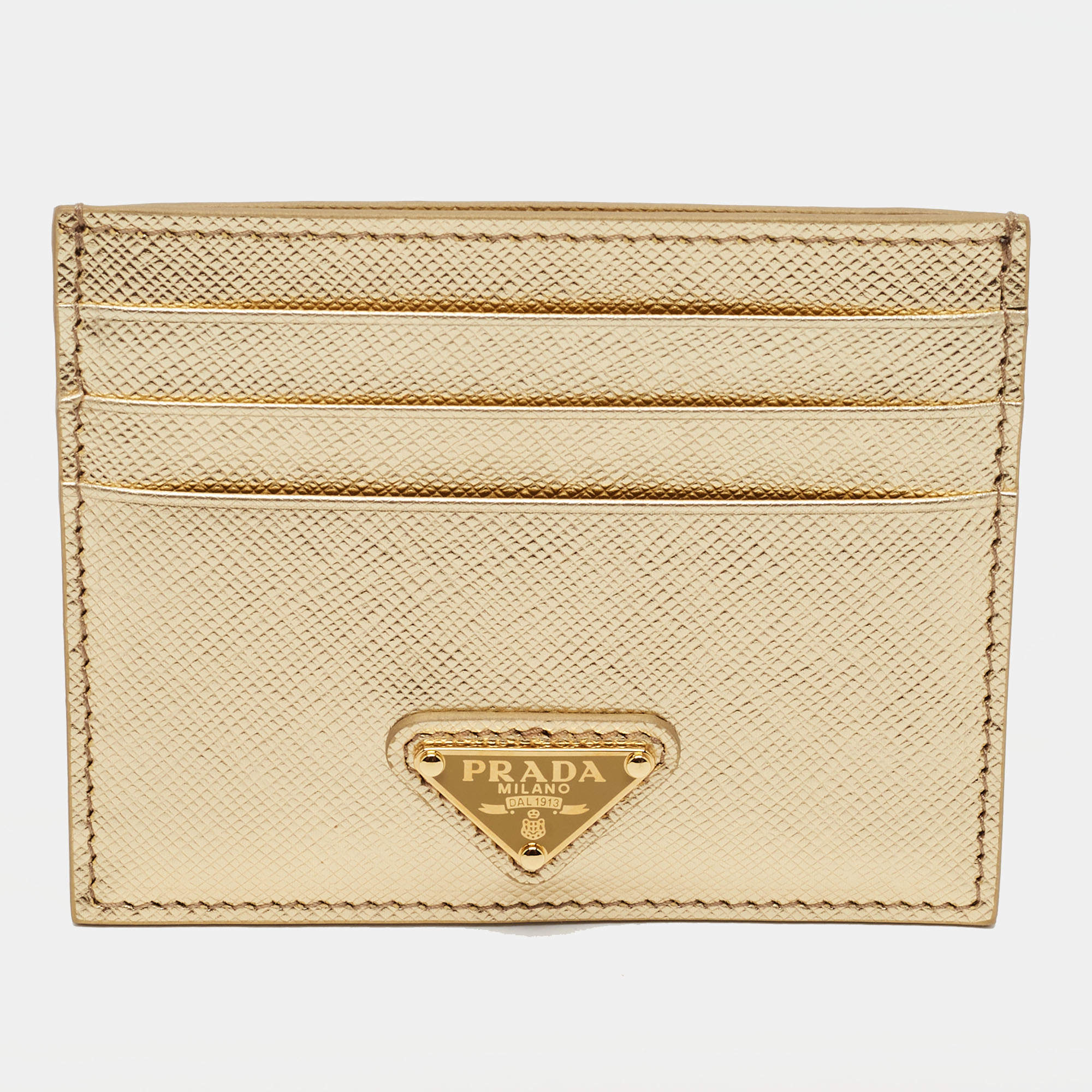 Pre Owned Prada Gold Saffiano Leather Card Holder