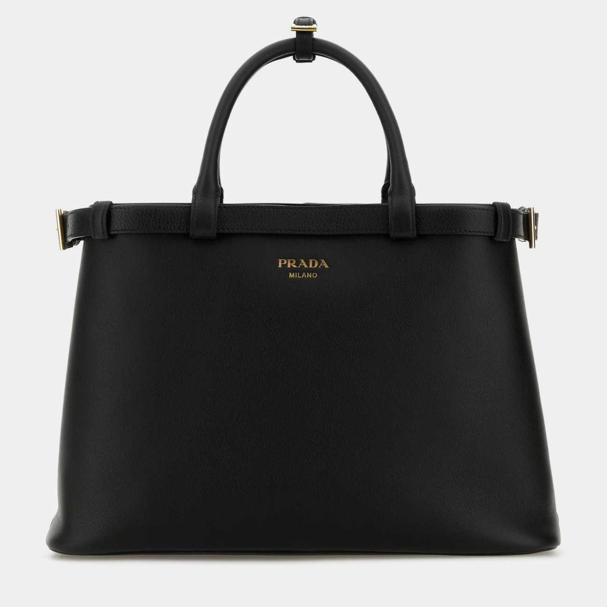 Pre Owned Prada Buckle Medium Black Smooth Calfskin Leather Top Handle Bag