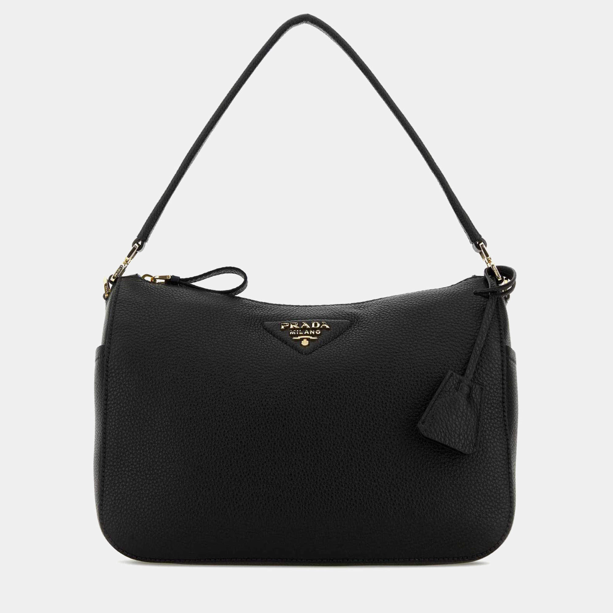 Pre Owned Prada Medium Black Grained Leather Shoulder Bag