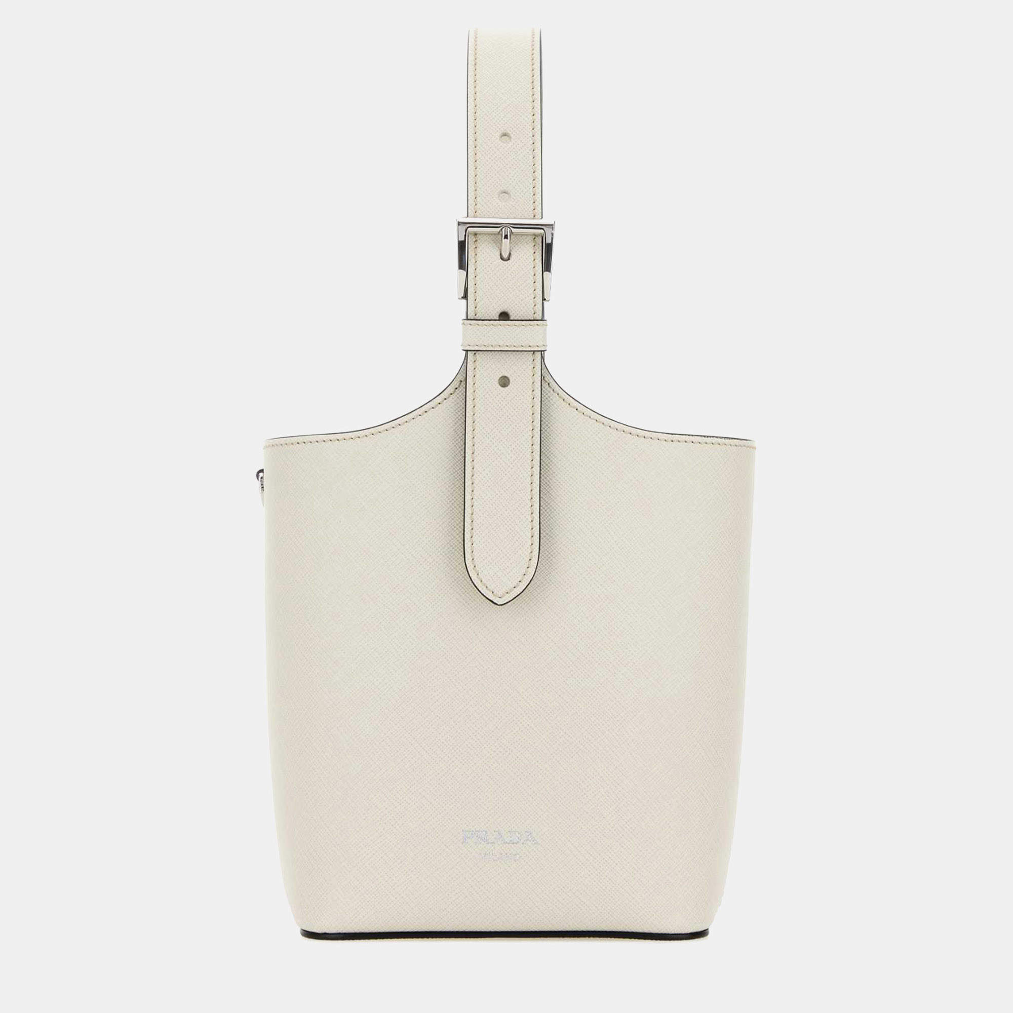 Pre Owned Prada Saffiano Leather Chalk White Shoulder Bucket Bag