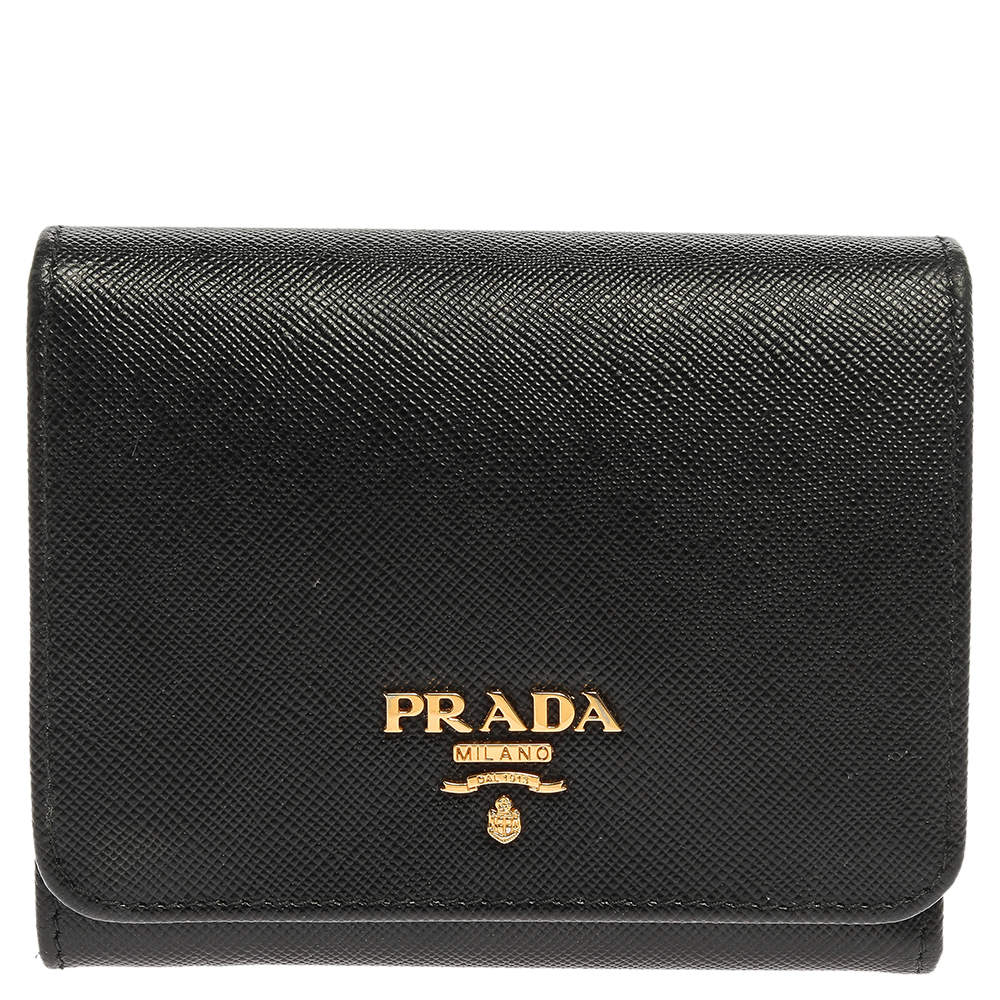 Pre Owned Prada Black Saffiano Lux Leather Compact Wallet