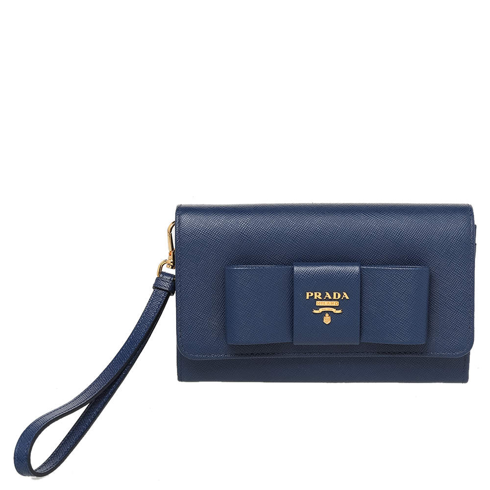 Pre Owned Prada Blue Saffiano Leather Bow Flap Wristlet