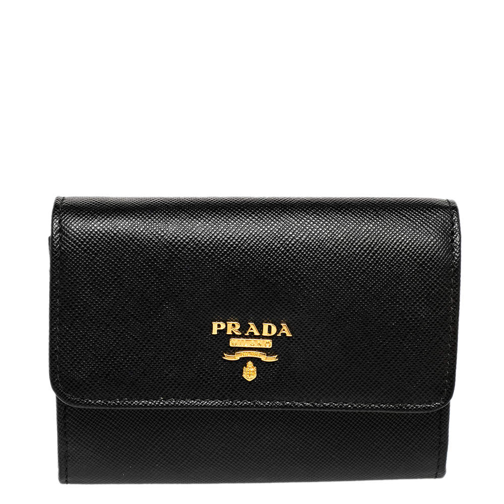 Pre Owned Prada Black Saffiano Metal Leather 1M1442 Wristlet Wallet