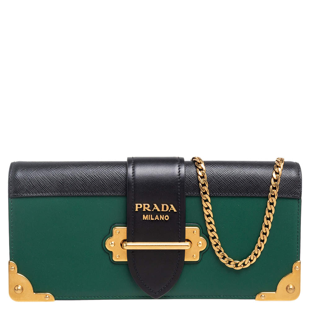 Prada Emerald Green/Black Leather & Saffiano Leather Cahier Chain