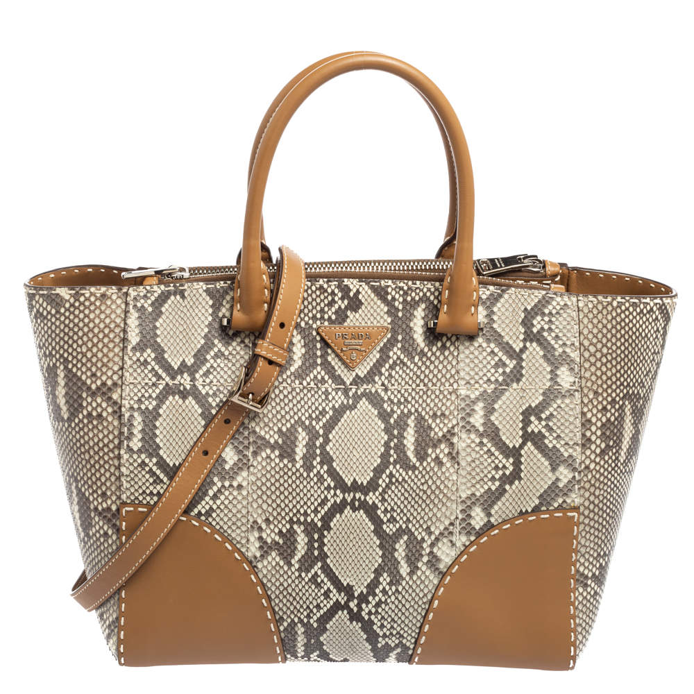 Pre Owned Prada Beige Python And Leather Double Zip Tote