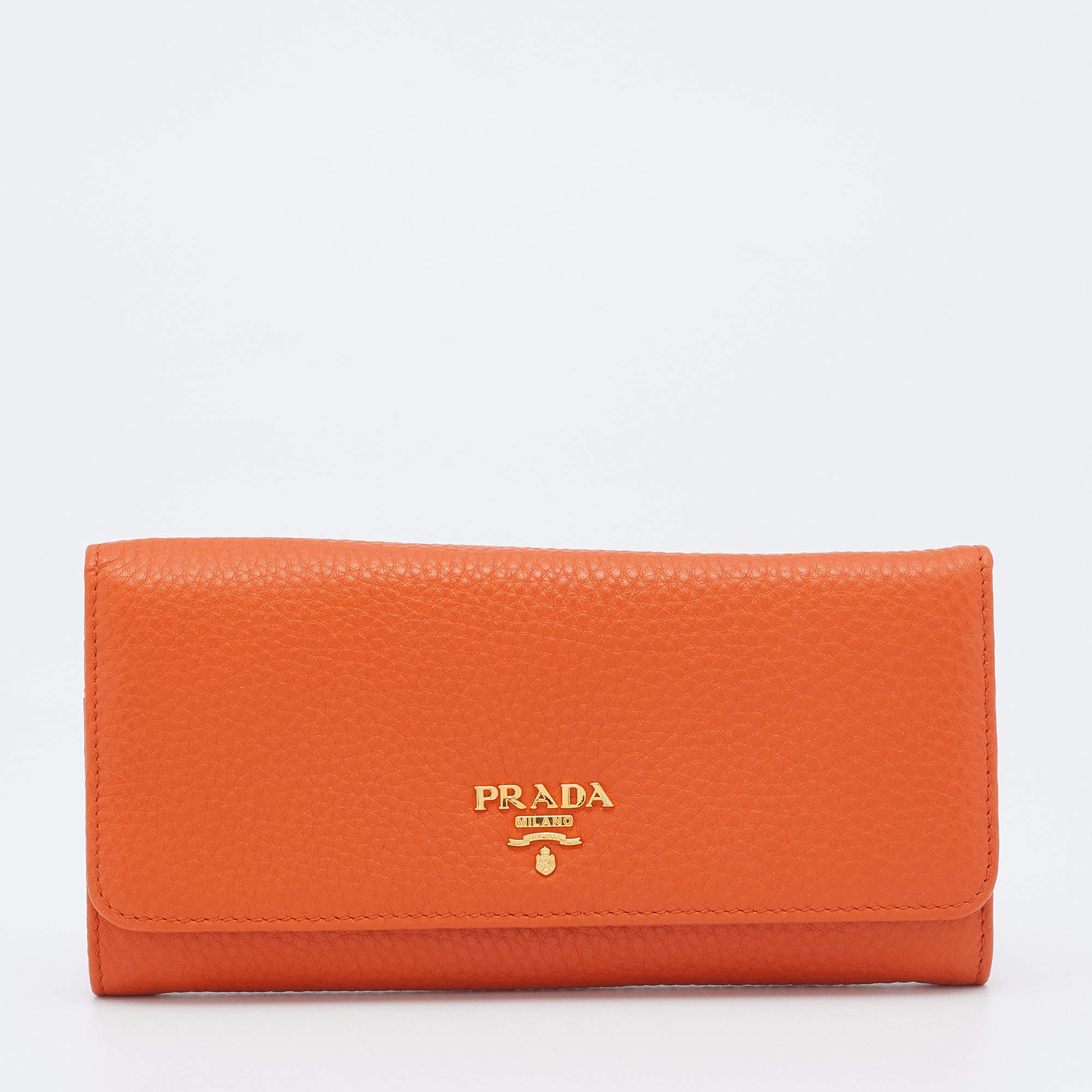 Pre Owned Prada Orange Vitello Daino Leather Flap Continental Wallet