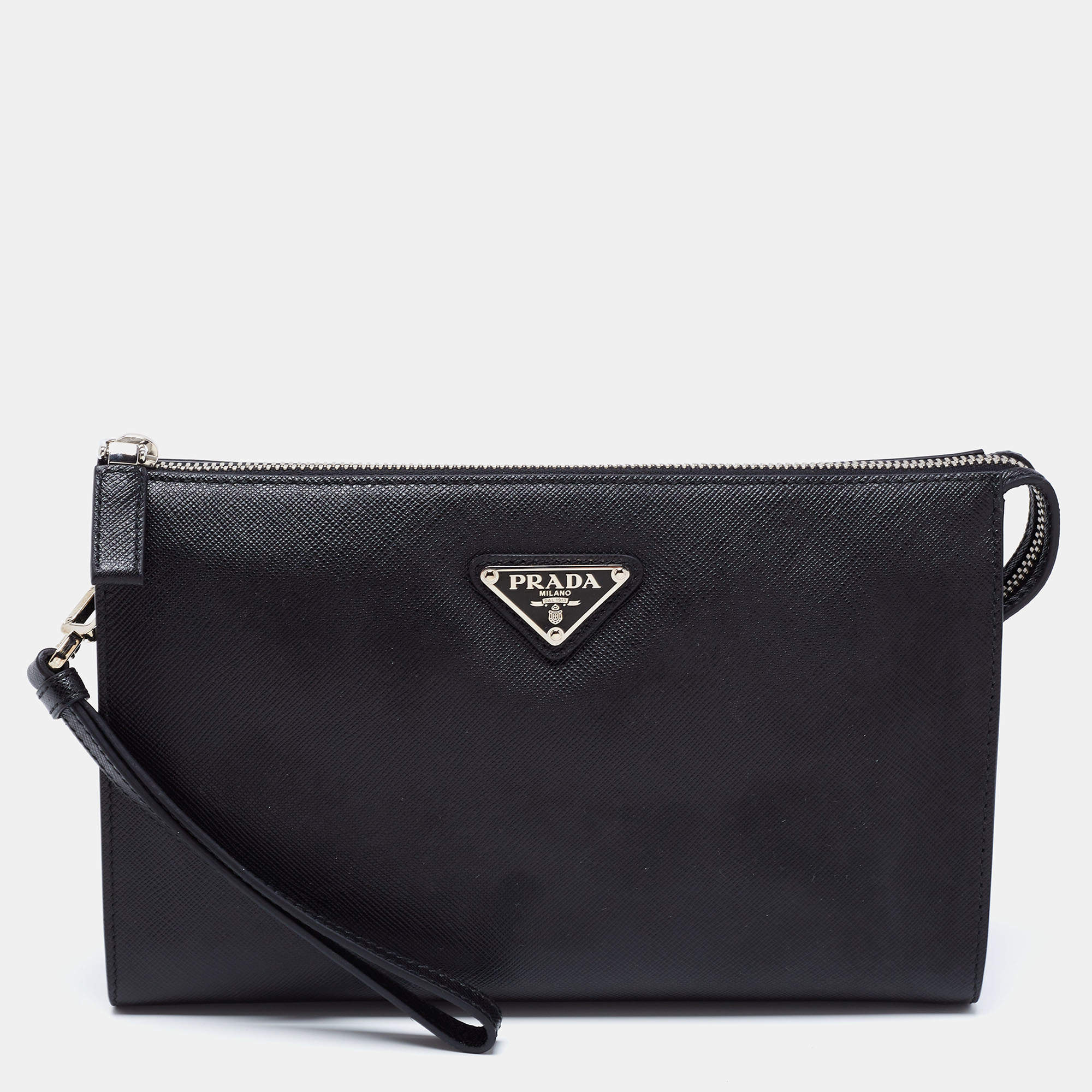 Pre Owned Prada Black Saffiano Lux Leather Wristlet Pouch