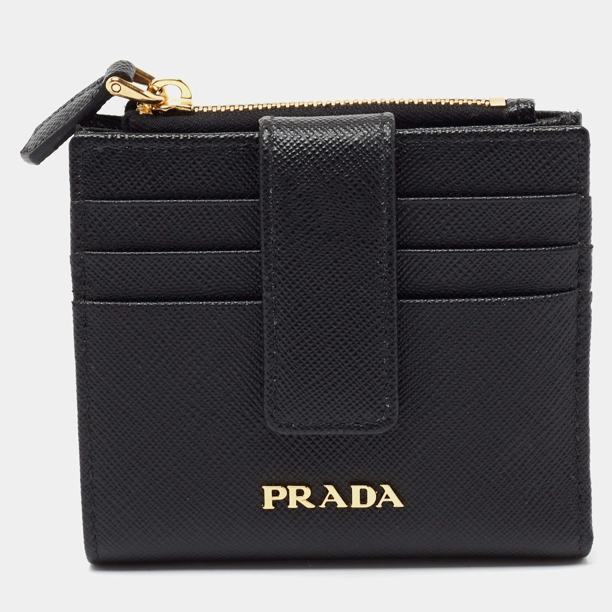 Pre Owned Prada Black Saffiano Metal Leather Flap Card Holder