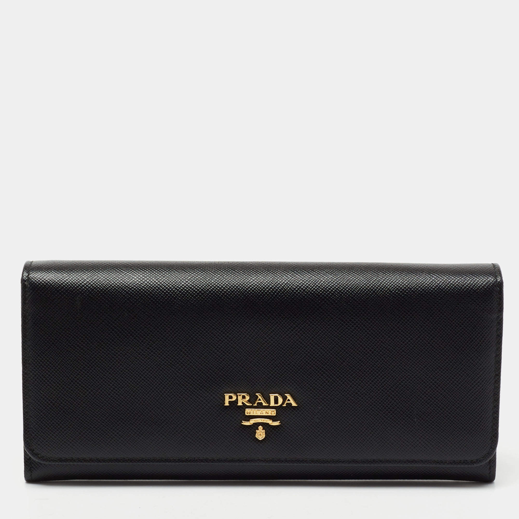Pre Owned Prada Black Saffiano Leather Flap Continental Wallet