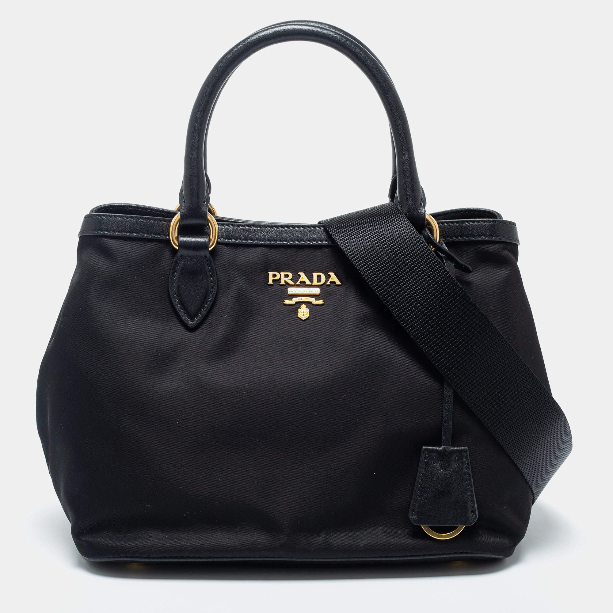 Pre Owned Prada Black Leather And Tessuto Tote