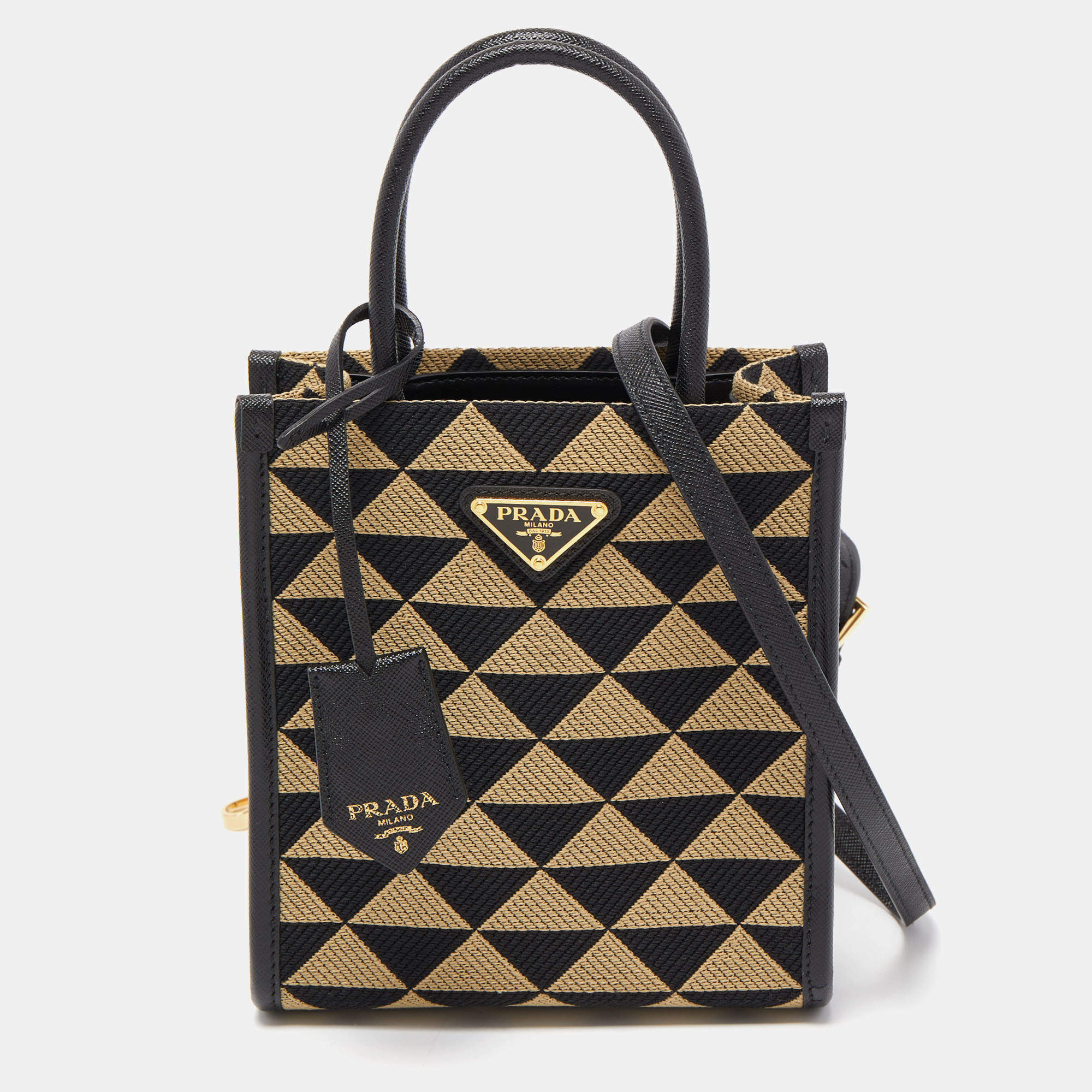 ★PRADA★Prada Symbole jacquard fabric micro bag★無料速達 Prada Symbole Black Beige Embroidered Fabric Mini Jacquard