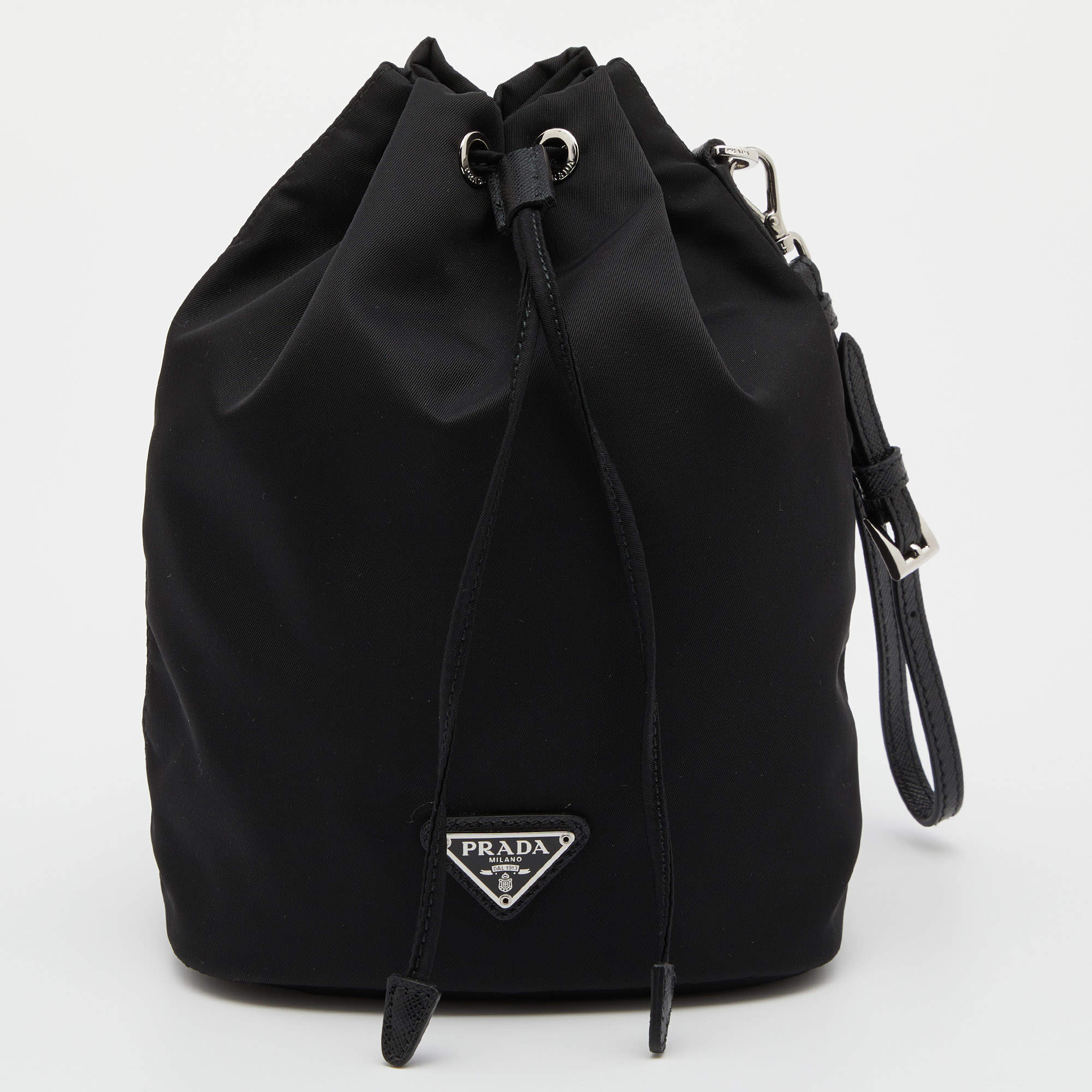Prada Black Re-Nylon and Saffiano Leather Bucket Wristlet