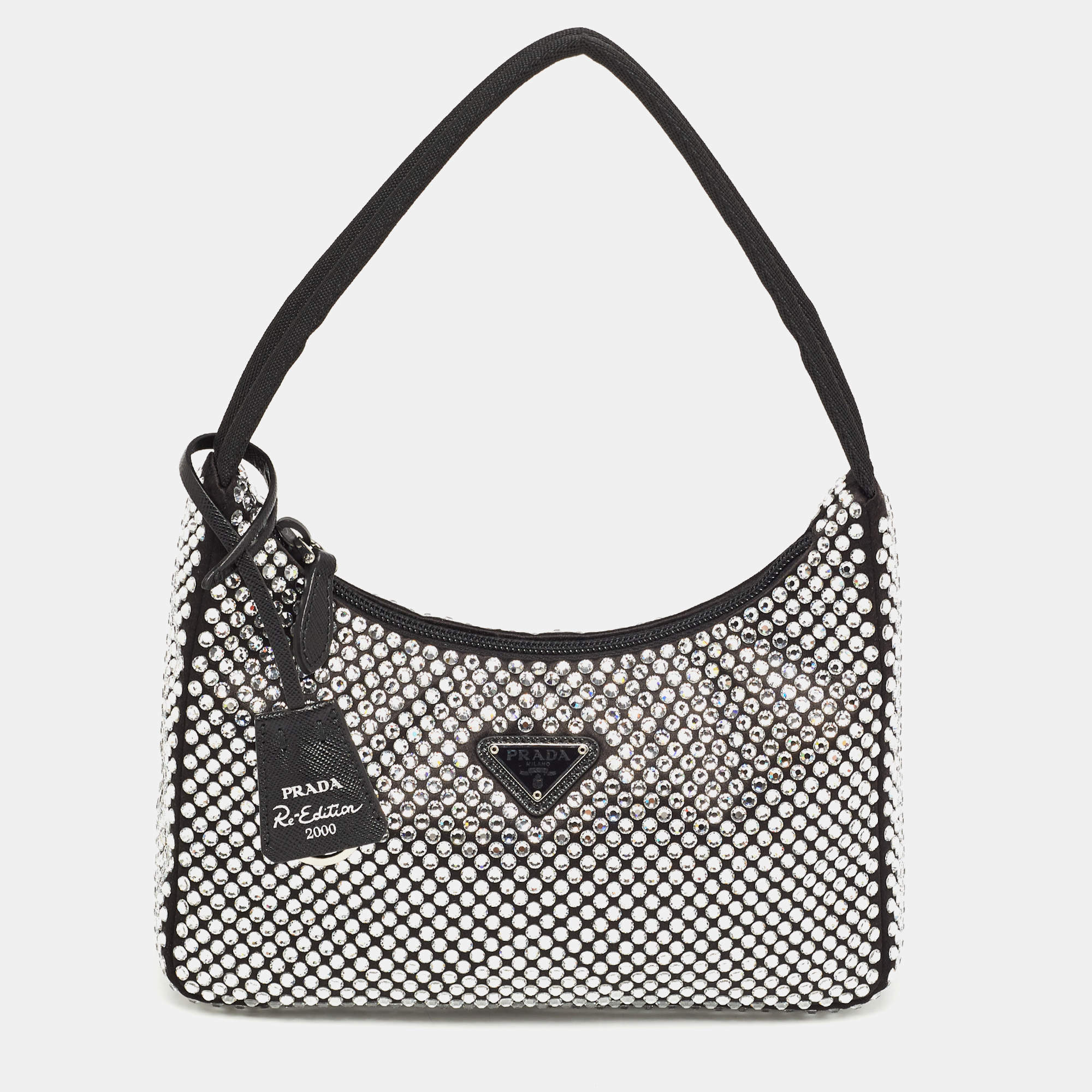 Prada Black Satin Mini Crystal Studded Re-Edition 2000 Shoulder Bag