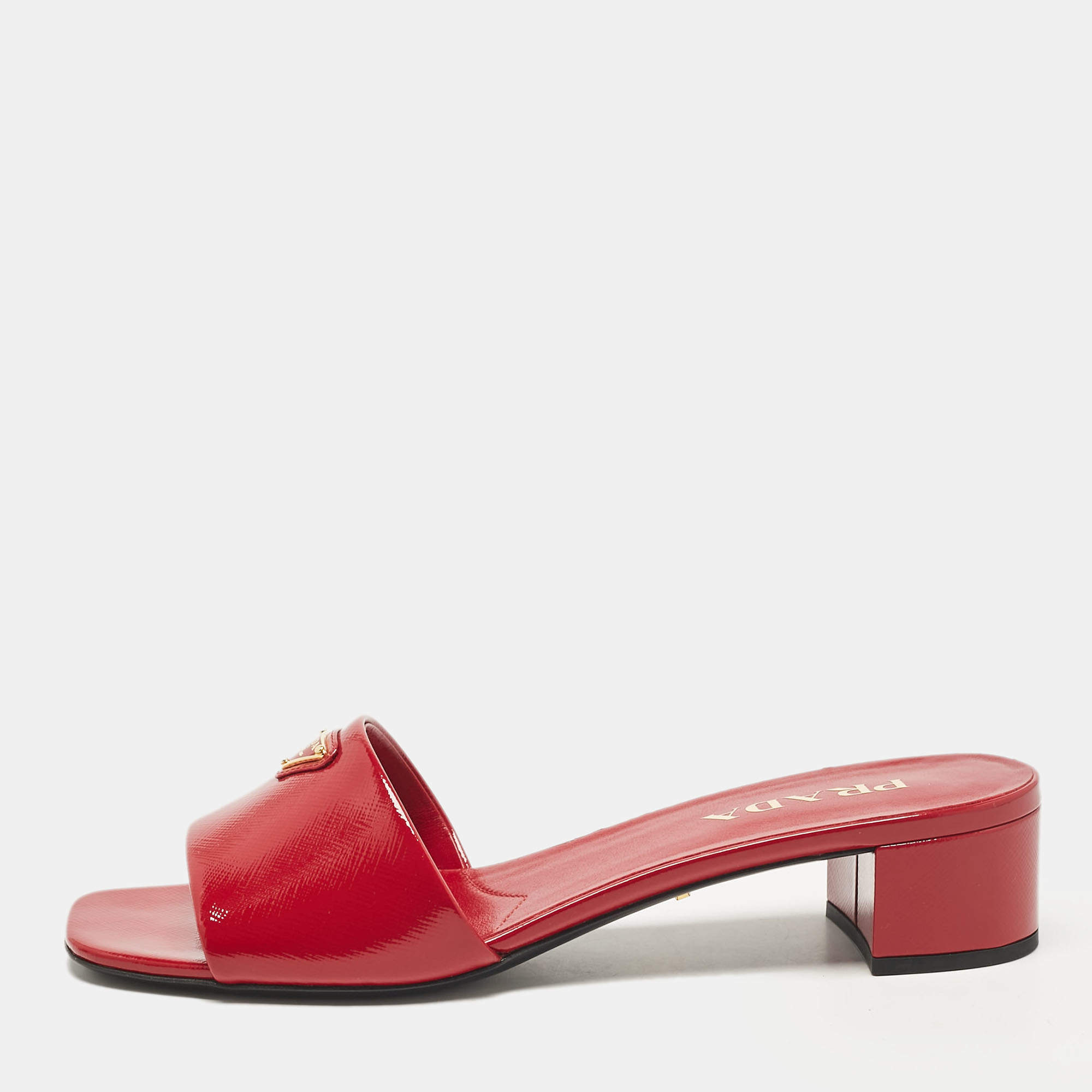 Prada Red Saffiano Patent Leather Block Heel Slide Sandals Size 39