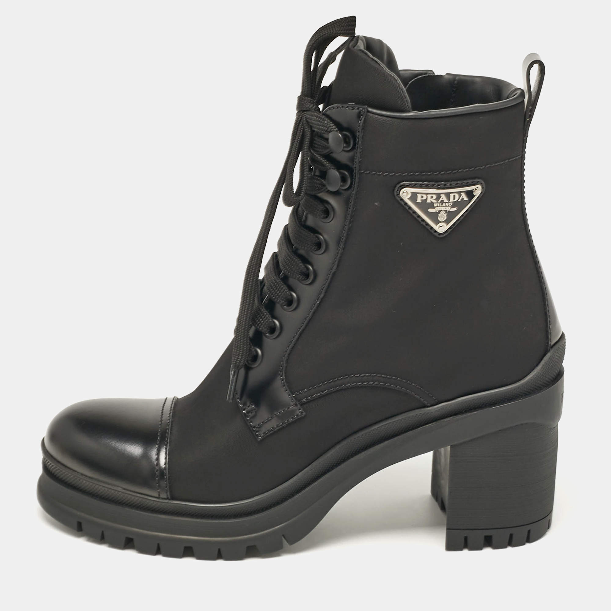 Prada Black Leather and Nylon Combat Boots Size  38