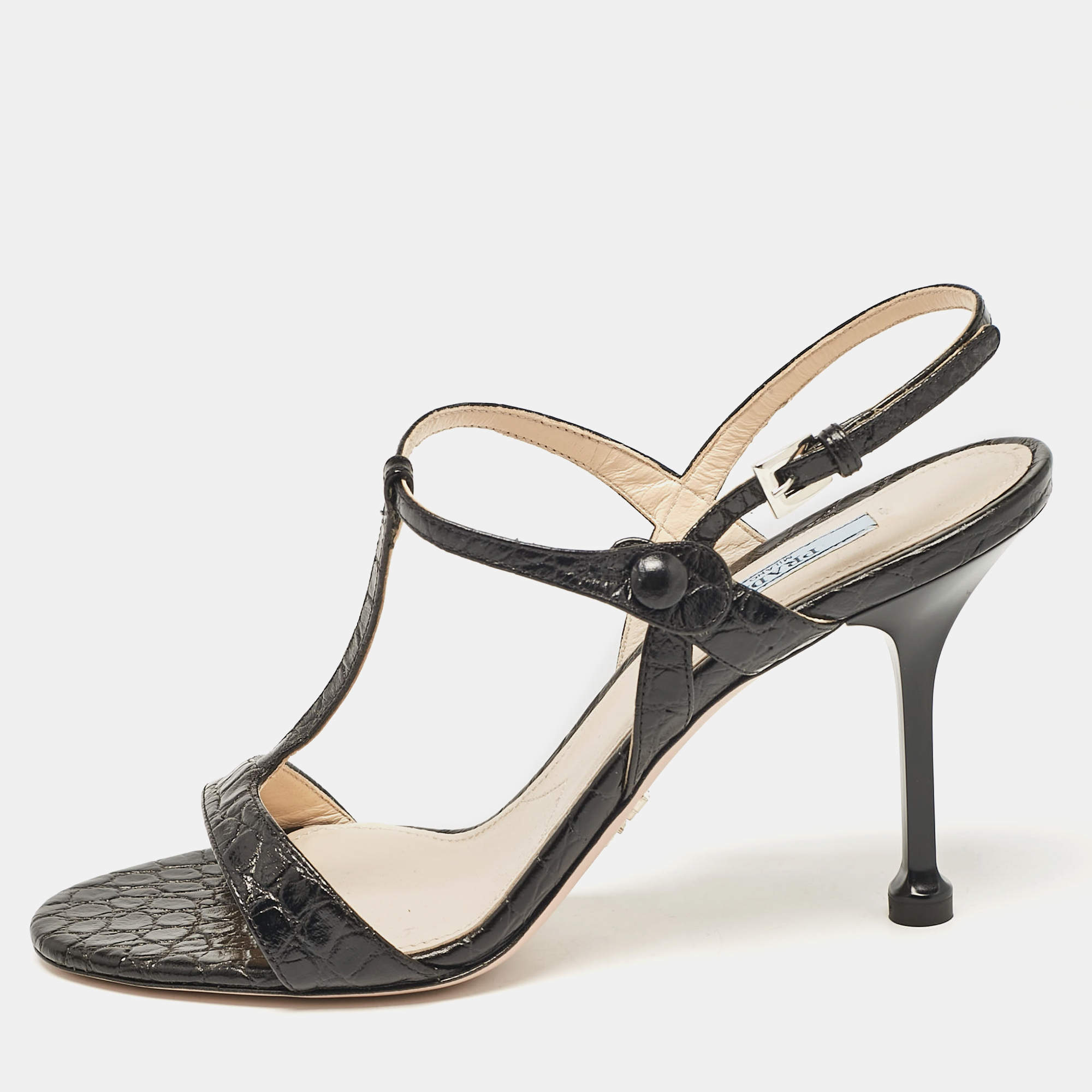 Prada Black Croc Embossed Leather Ankle Strap Sandals Size 39