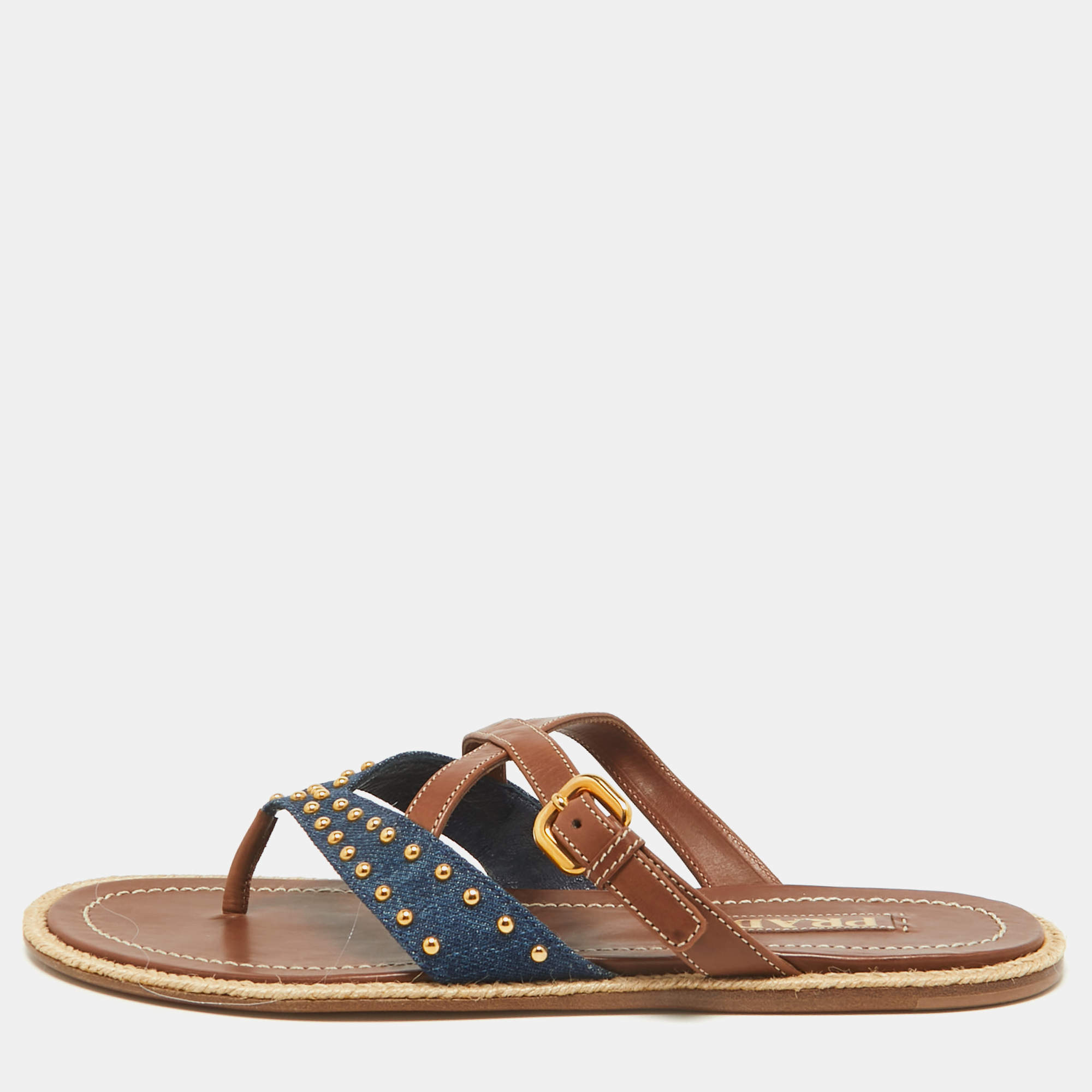 Prada Brown/Blue Denim and Leather Buckle Flat Slides Size 38.5