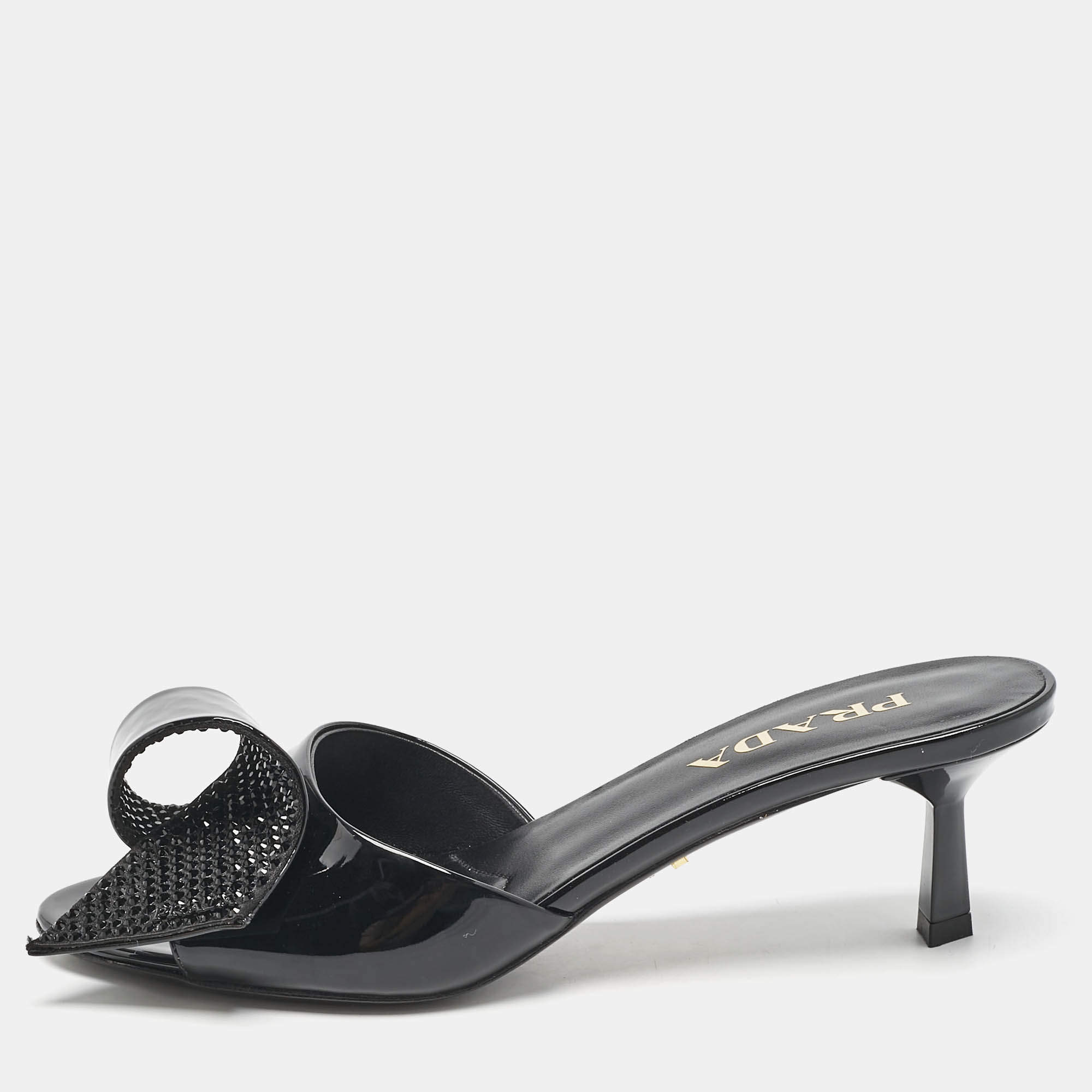 Prada Black Patent Leather and Satin Bow Slide Sandals Size 39