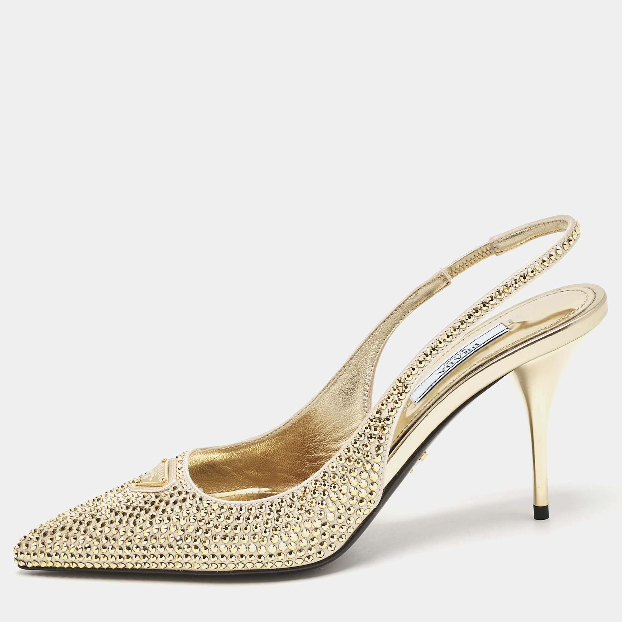 مملوكة مسبقًا Prada Gold Satin Crystal Embellished Triangle Logo Slingback Pumps Size 36