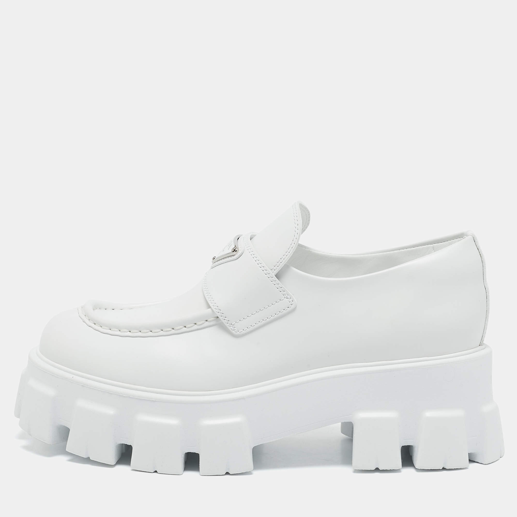 Prada White Leather Monolith Triangle Logo Loafers Size 39