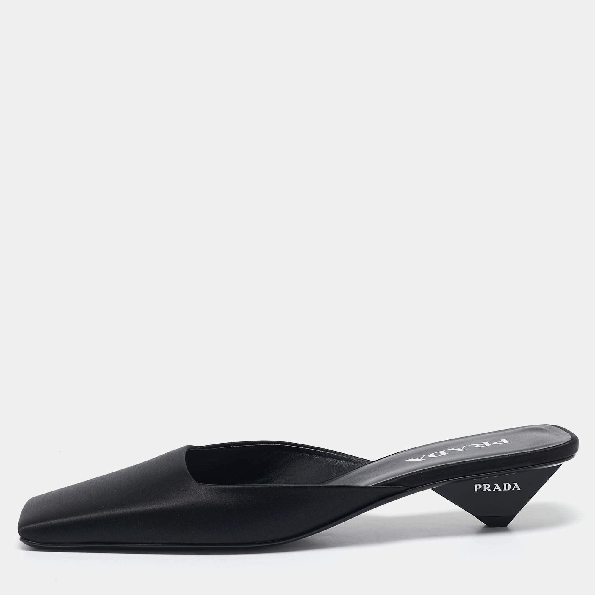 Prada Black Satin Square Toe Heel Mules Size 41