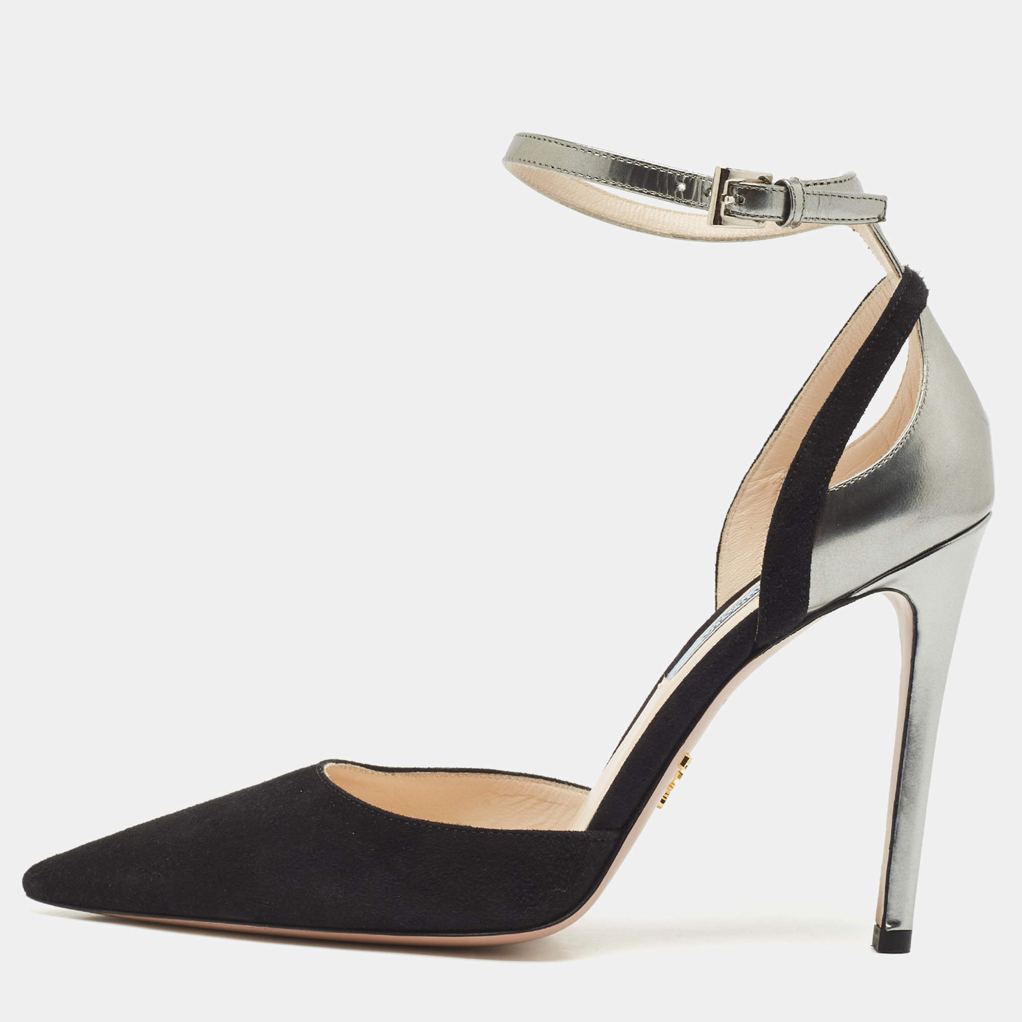 مملوكة مسبقًا Prada Black/Silver Suede and Leather Ankle Strap Pumps Size 39.5