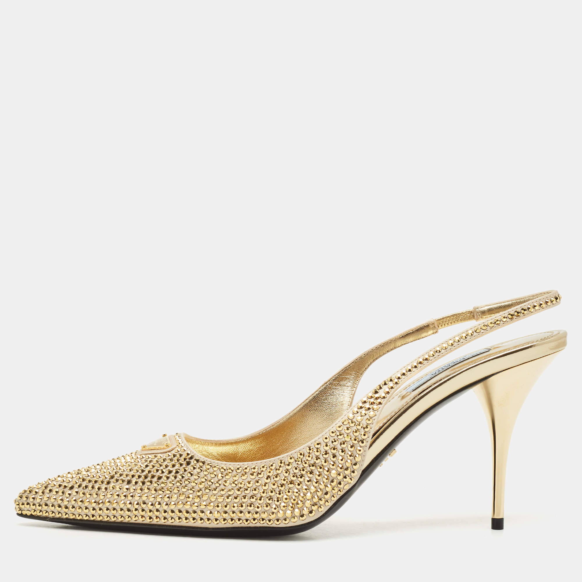 Pre Owned Prada Gold Satin Crystal Embellished Cleo Slingback Pumps Size 40