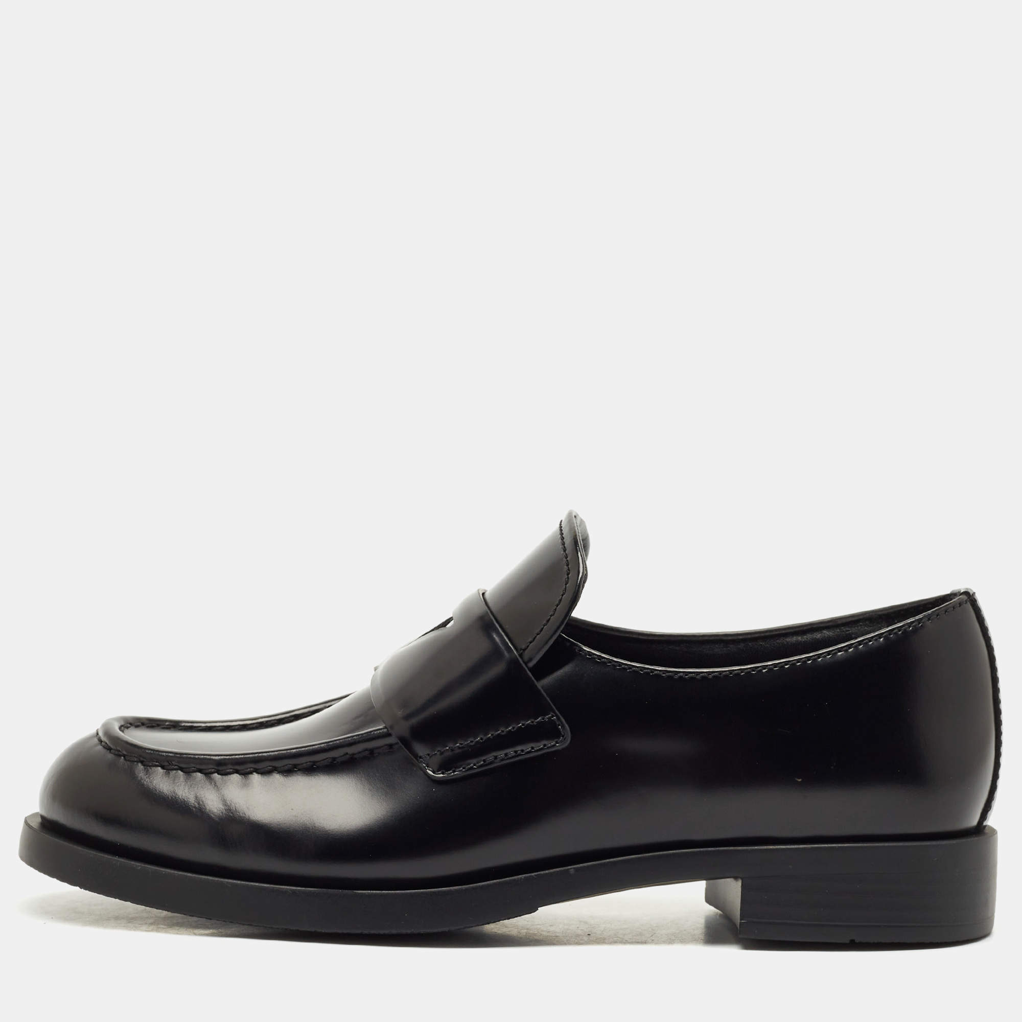 Pre Owned Prada Black Brushed Leather Slip On Loafers Size 37