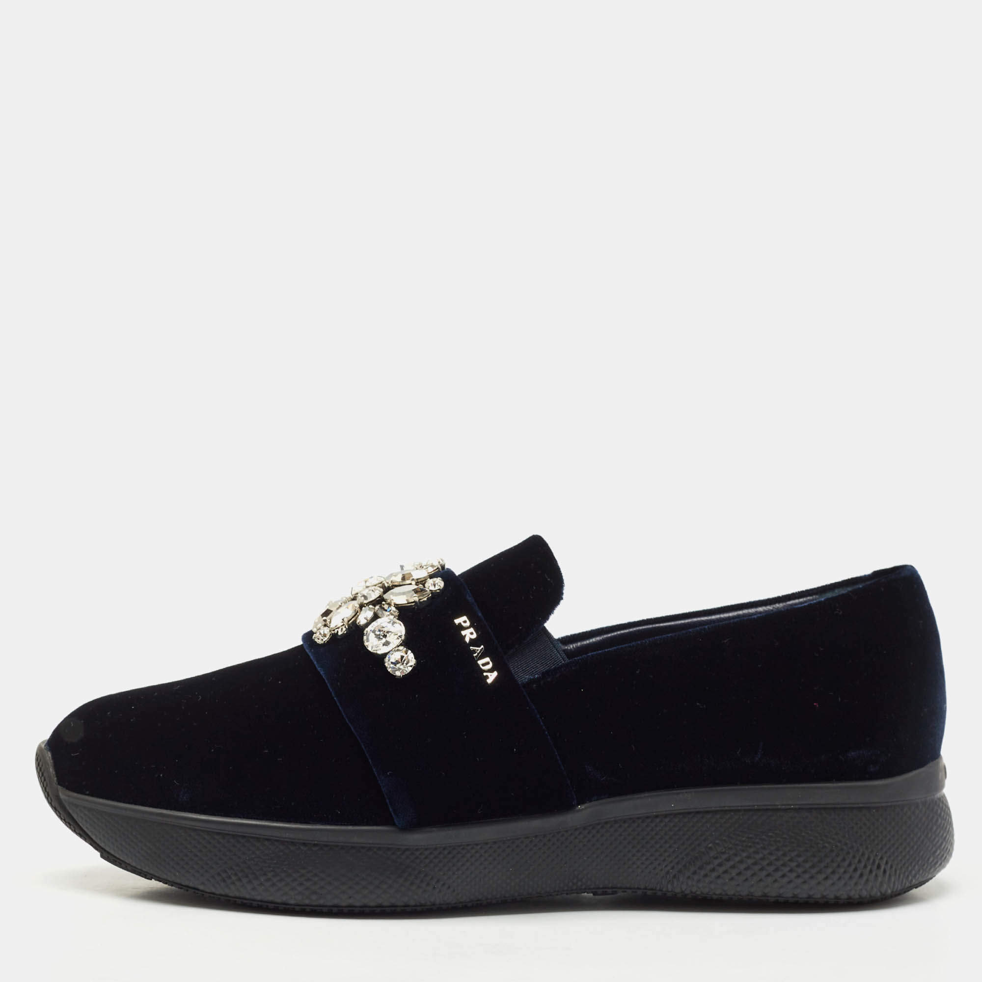 Pre Owned Prada Navy Blue Velvet Crystal Embellished Slip On Sneakers Size 38.5