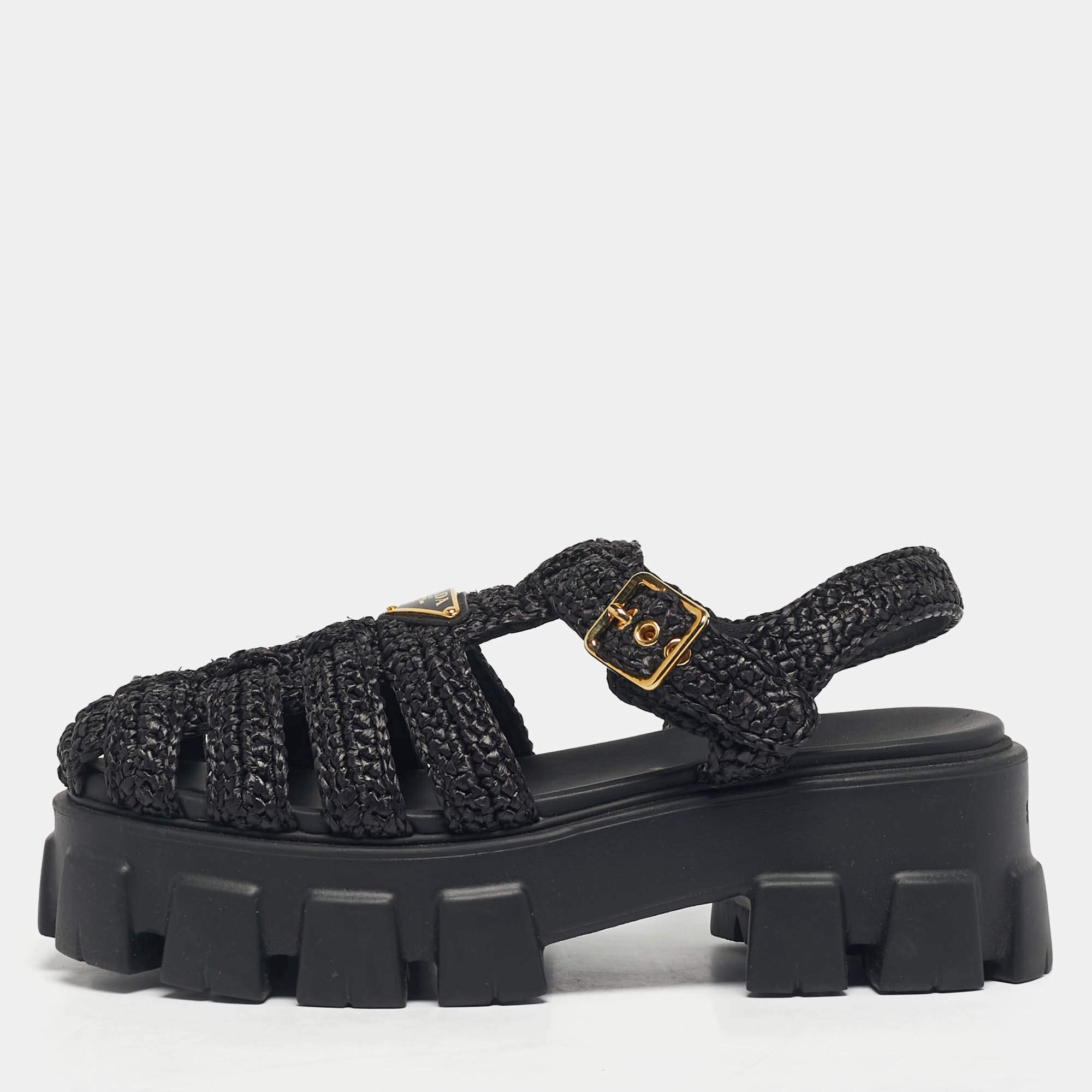 Pre Owned Prada Black Woven Straw Monolith Ankle Strap Sandals Size 39