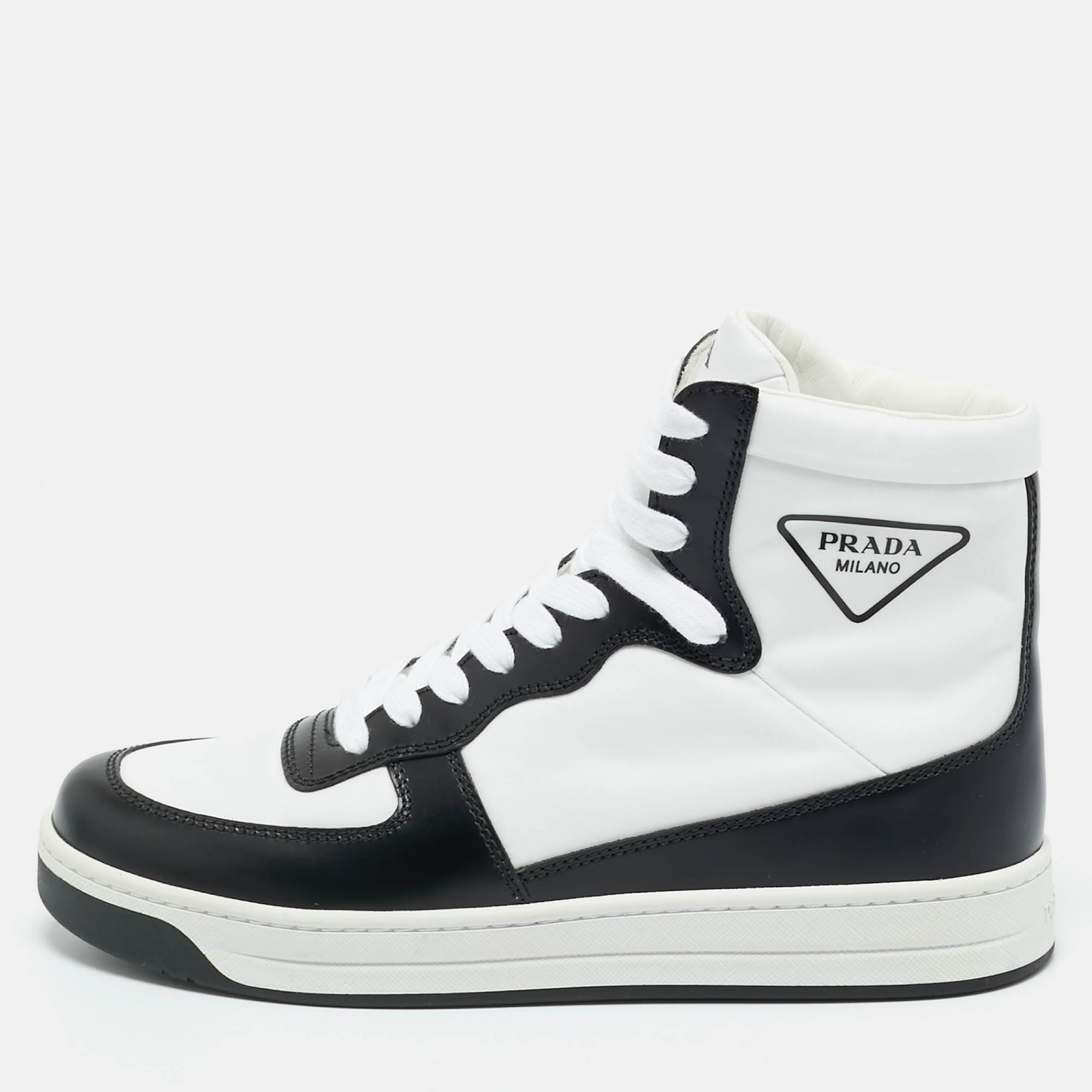 Pre Owned Prada White/Black Leather and Nylon New Avenue High Top Sneakers Size 37.5