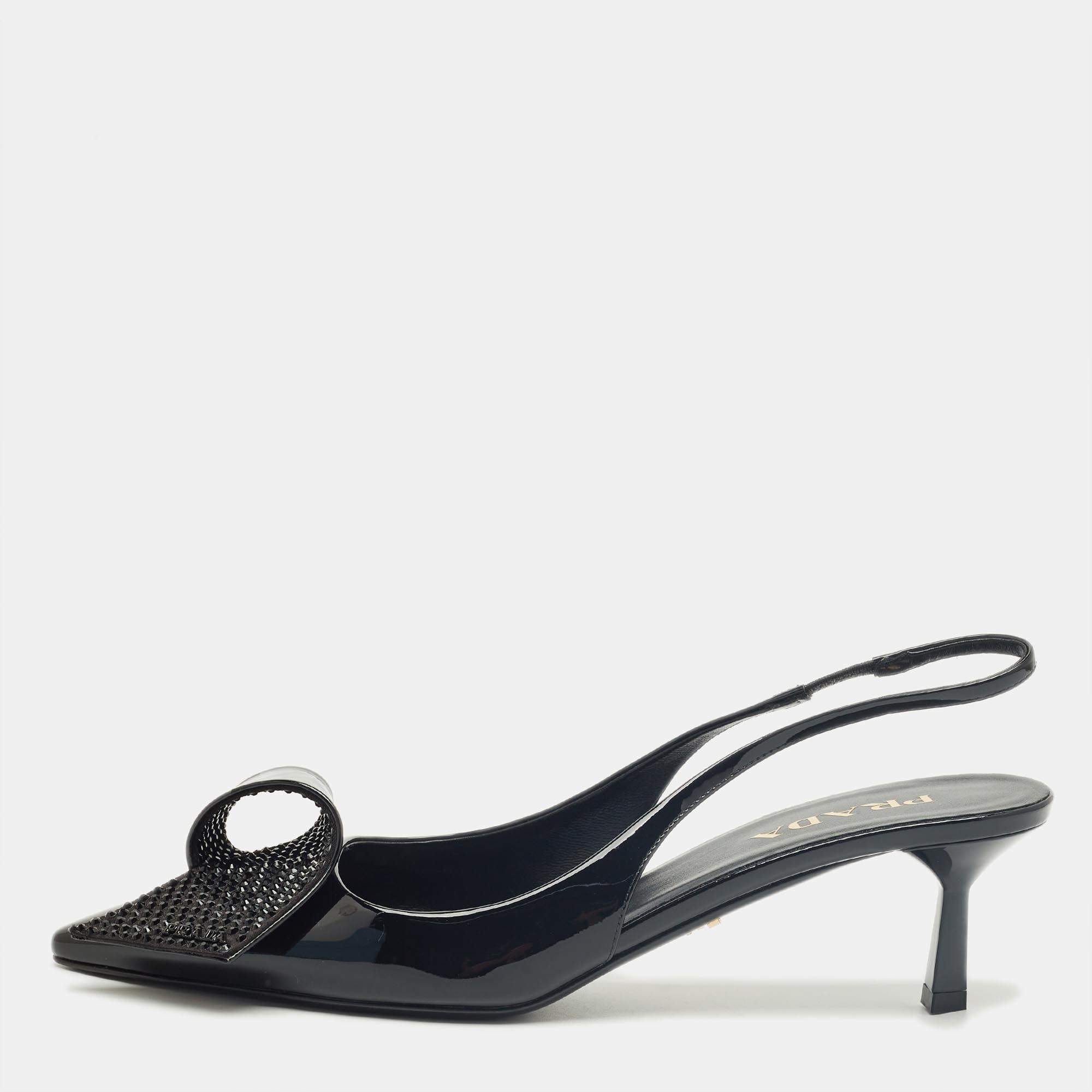 Pre Owned Prada Black Patent Leather Crystal Embellished Slingback Pumps Size 41
