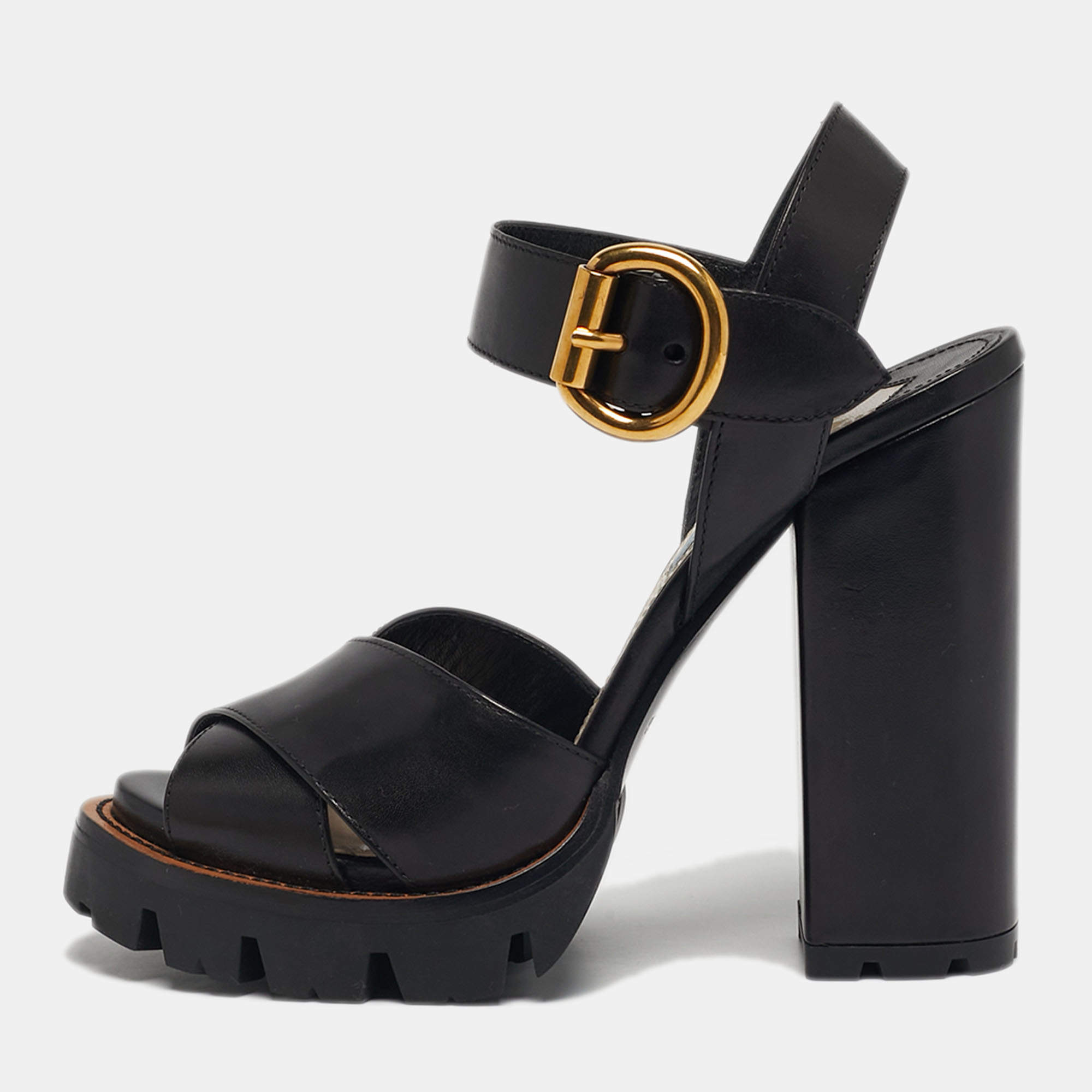 Pre Owned صندل كعب عريض بسير للكاحل جلد أسود برادا مقاس 38.5