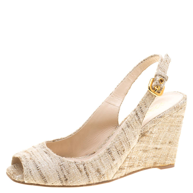 Pre Owned Prada Beige Tweed Fabric Peep Toe Slingback Wedge Sandals Size 40