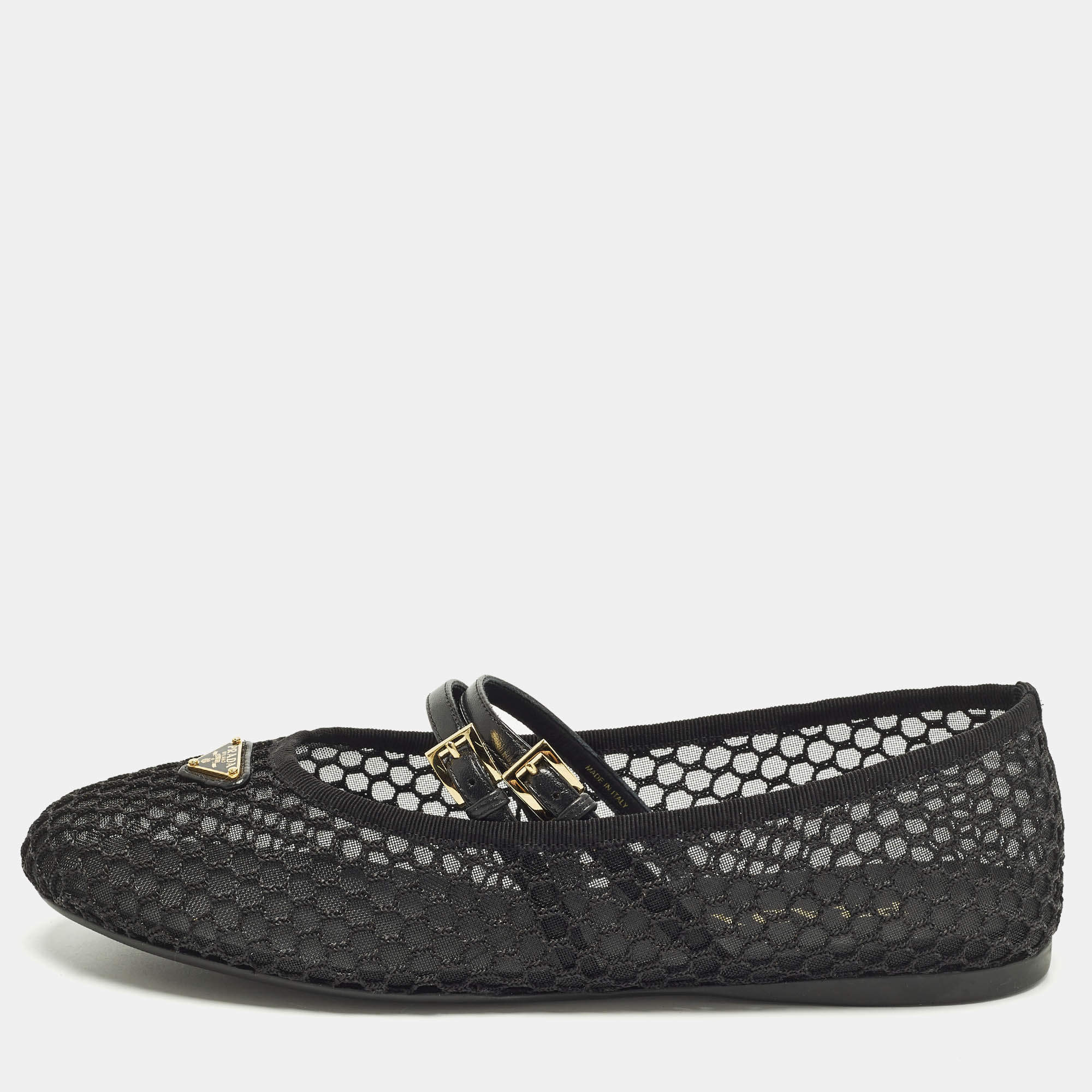 مملوكة مسبقًا حذاء فلات باليرينا برادا ماري جين جلد وشبكة بشعار أسود مقاس 41