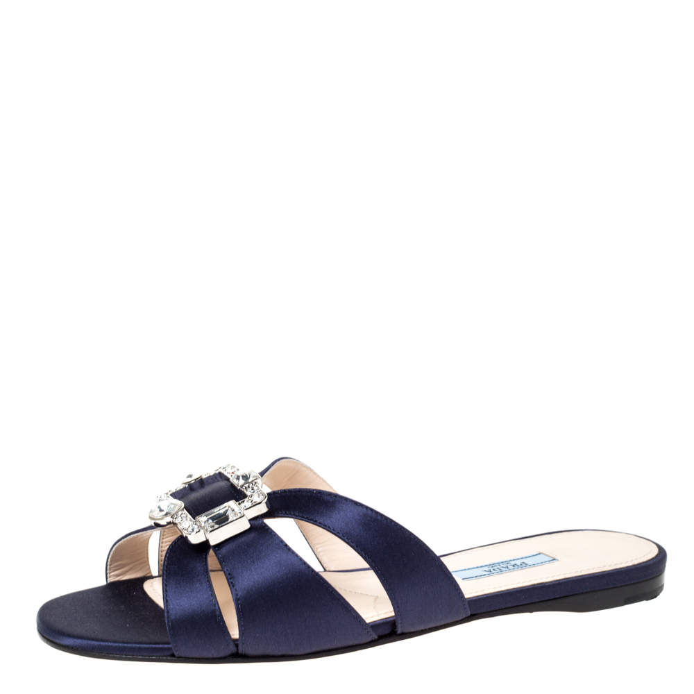Pre Owned Prada Blue Satin Crystal Embellished Flat Slides Size 38