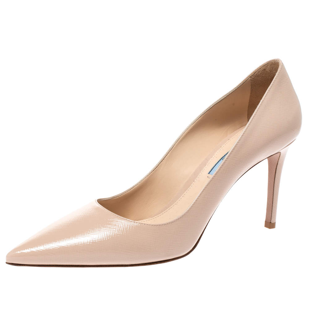 Pre Owned Prada Beige Saffiano Patent Leather Pointed Toe Pumps Size 40