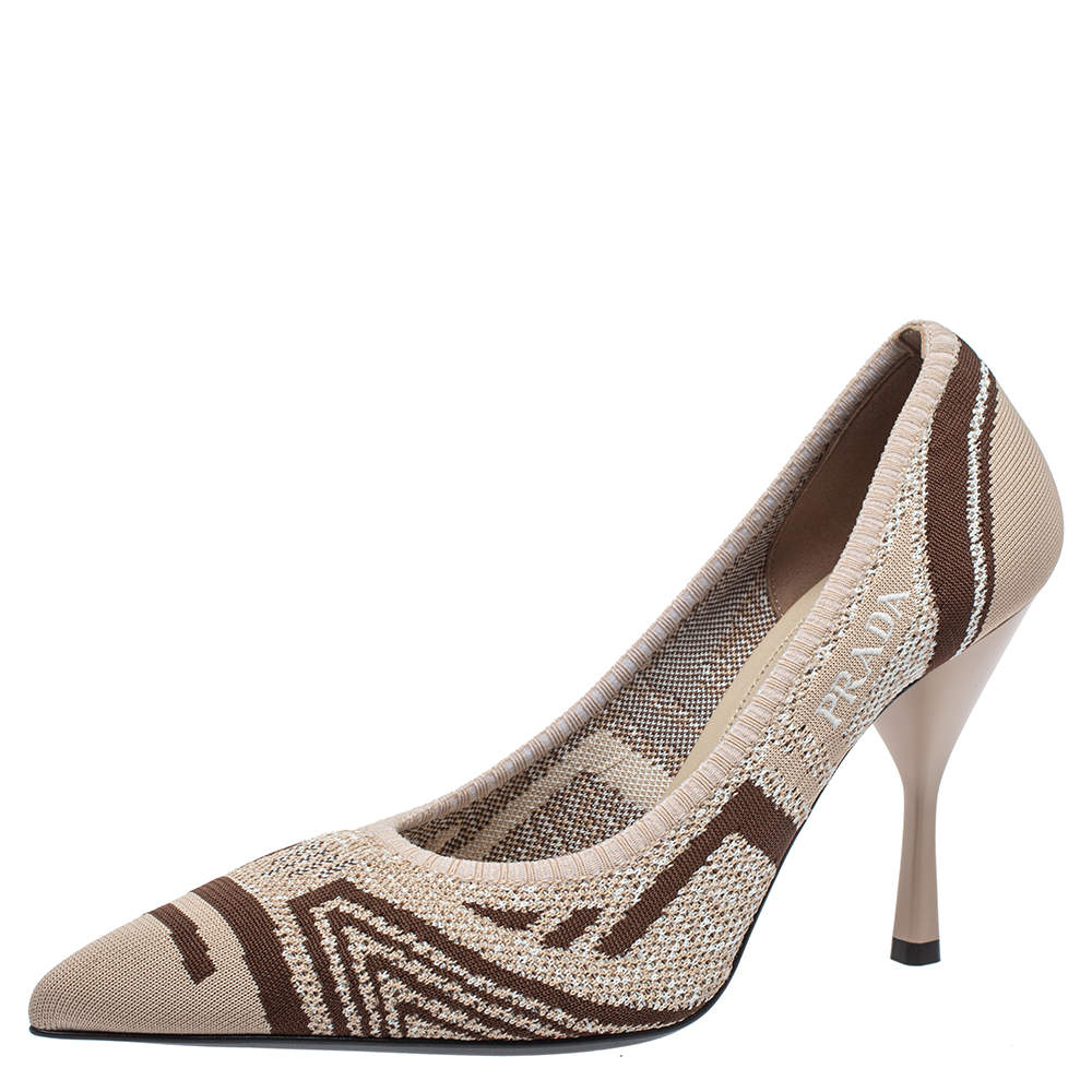 Prada Beige Knit Fabric Pointed Toe Pumps Size 39