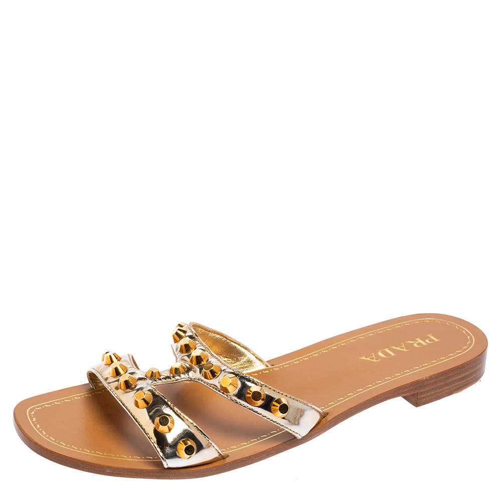 Pre Owned Prada Gold Leather Studded Flat Slides Size 41