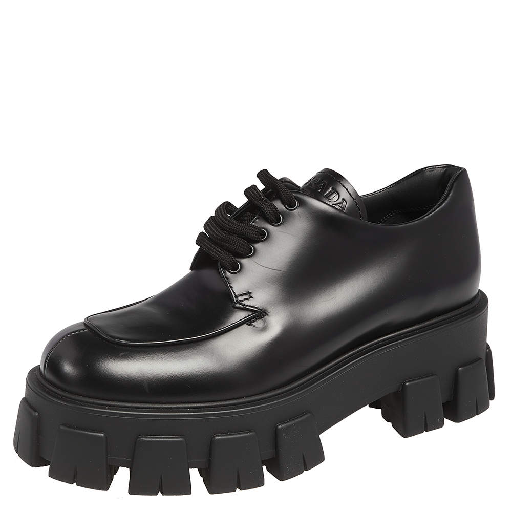 Pre Owned Prada Black Leather Lace Up Oxford Size 38.5