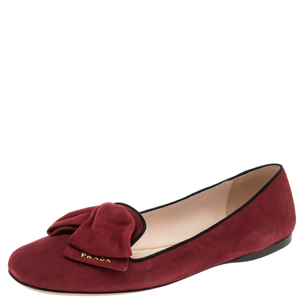Pre Owned Prada Red Suede Bow Ballet Flats Size 40