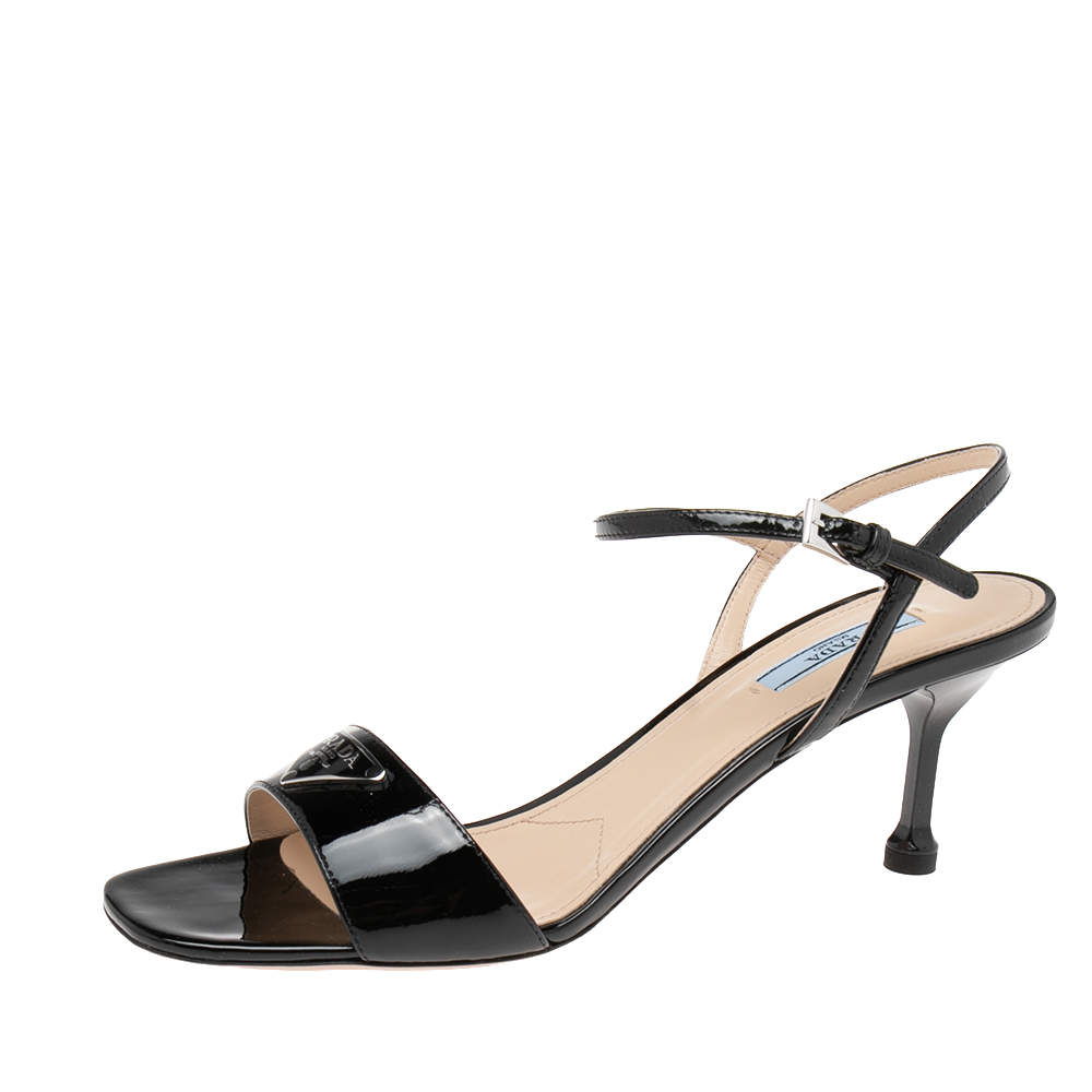 Pre Owned Prada Black Patent Leather Triangle Logo Plaque Ankle Strap Sandals Size 40