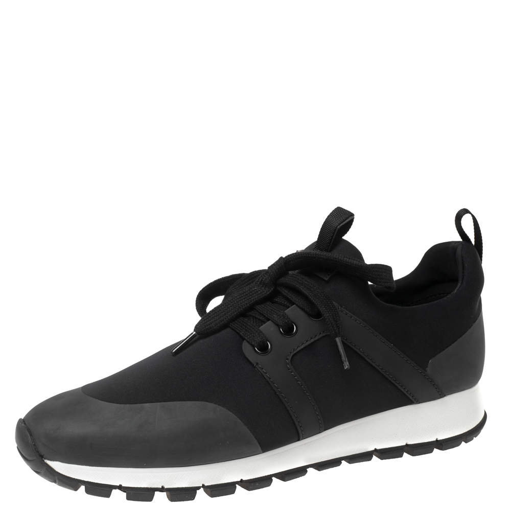 Pre Owned Prada Black Fabric And Leather Lace Up Sneakers Size 39