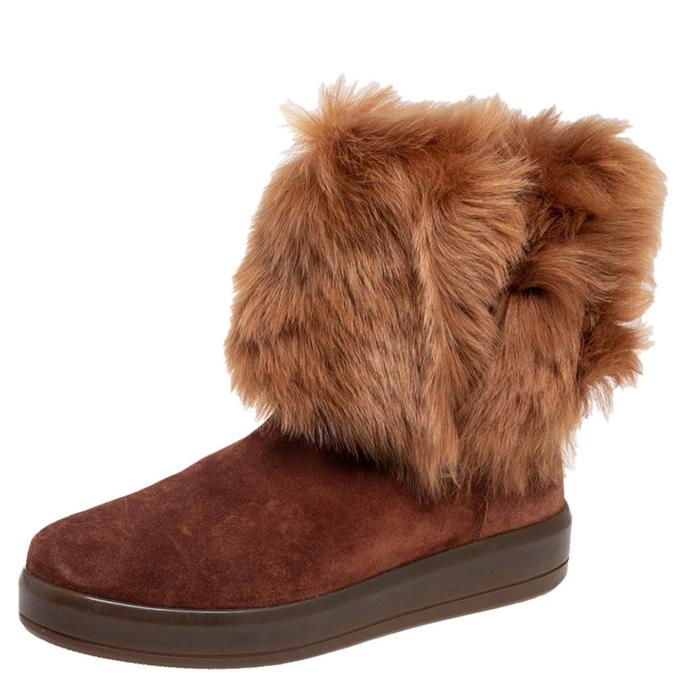 Pre Owned Prada Sport Brown Suede and Fur Zip Mid Calf Boots Size 39.5 