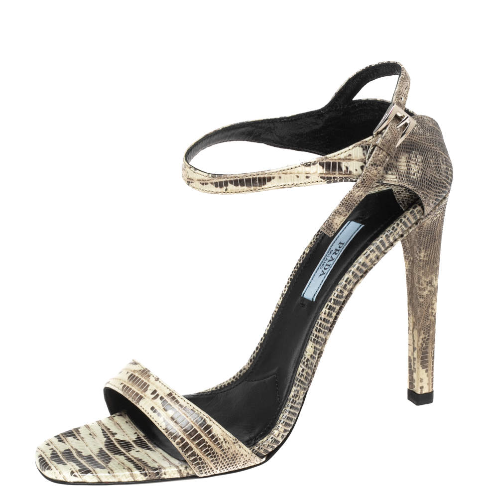 Pre Owned Prada Beige/Brown Lizard Embossed Leather Ankle-Strap Sandals Size 39