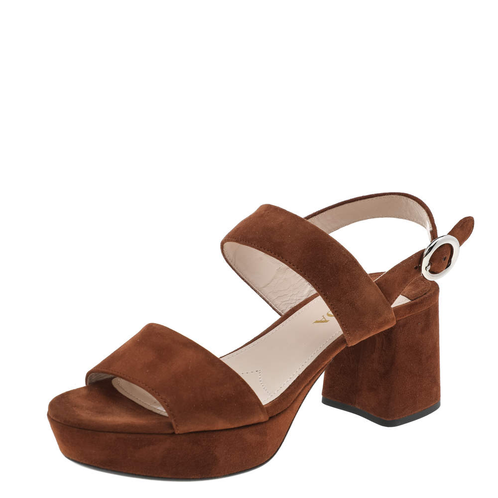 Pre Owned Prada Brown Suede Platform Ankle Strap Sandals Size 37