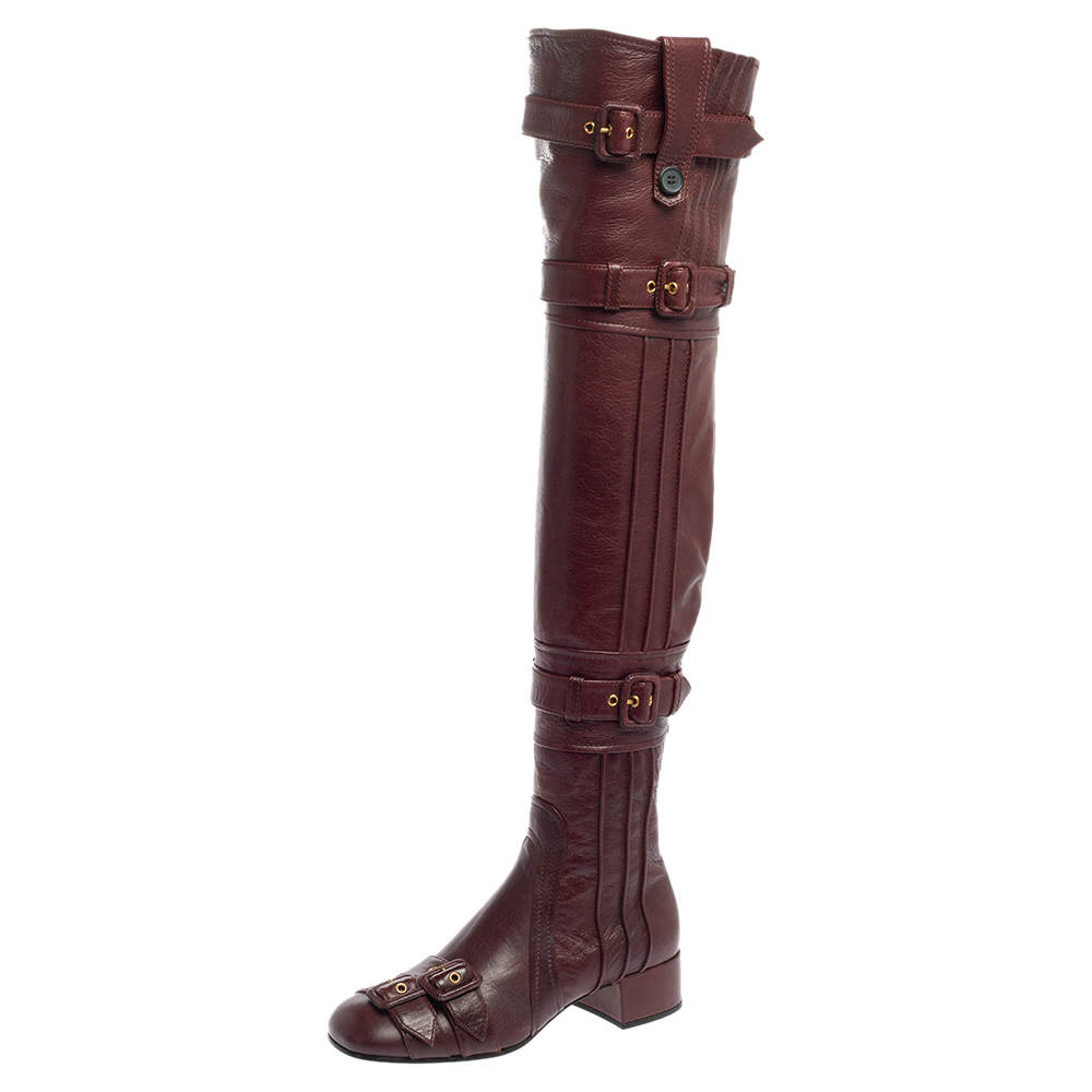 Prada Burgundy Leather Buckle Embellished Over The Knee Boots Size 38
