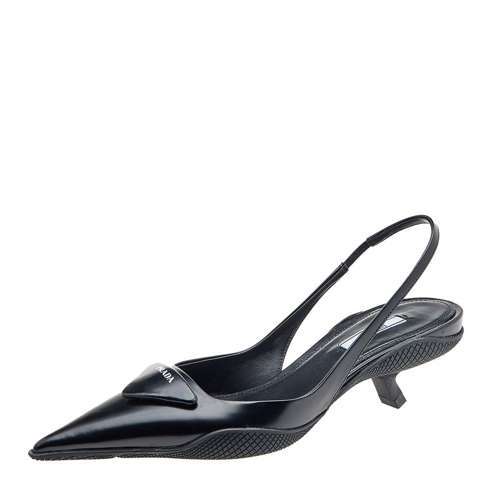 Pre Owned Prada Black Leather Logo Embellished Slingback Sandals Size 38